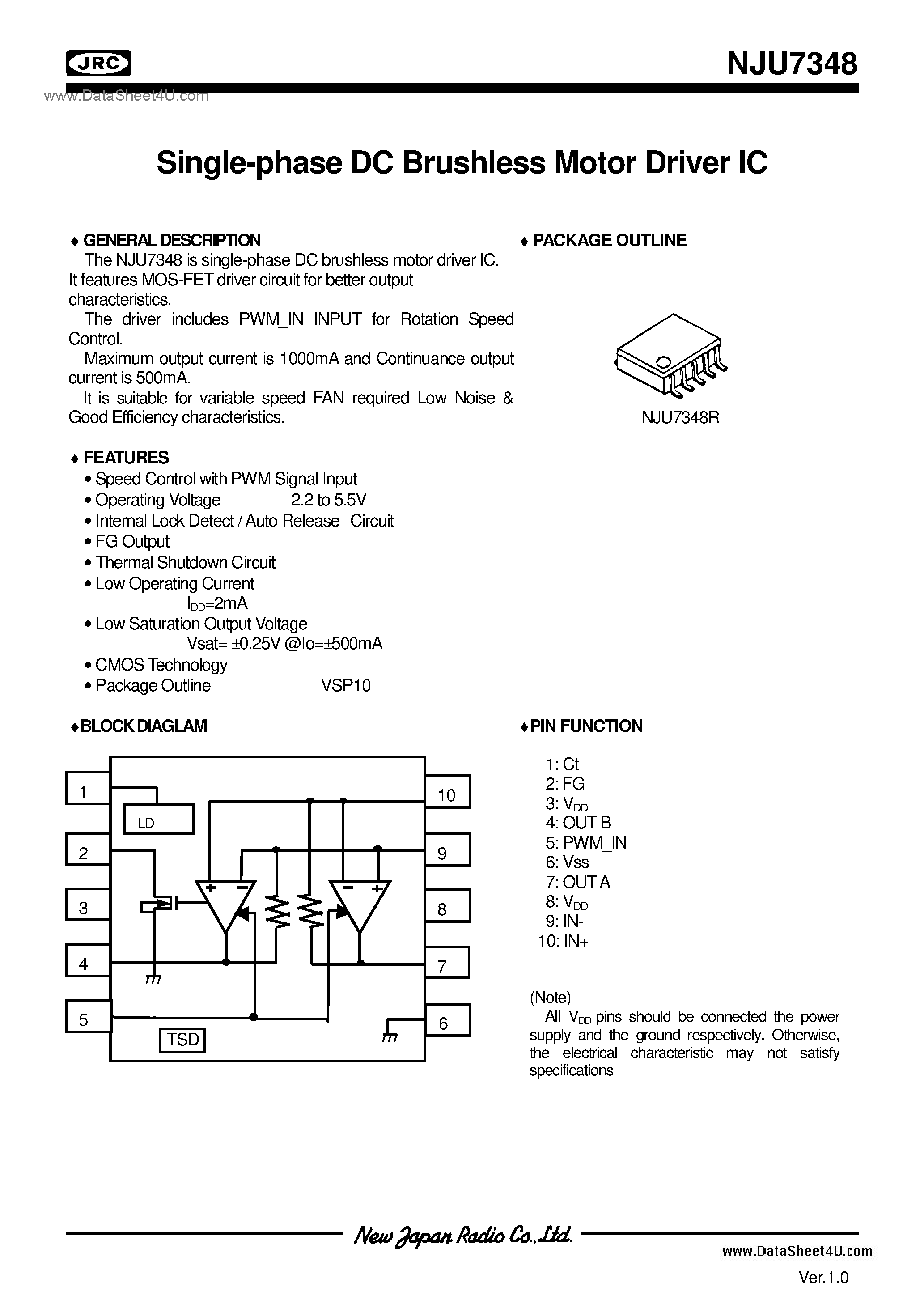 Datasheet NJU7348 - FAN Motor / VSP10 page 1