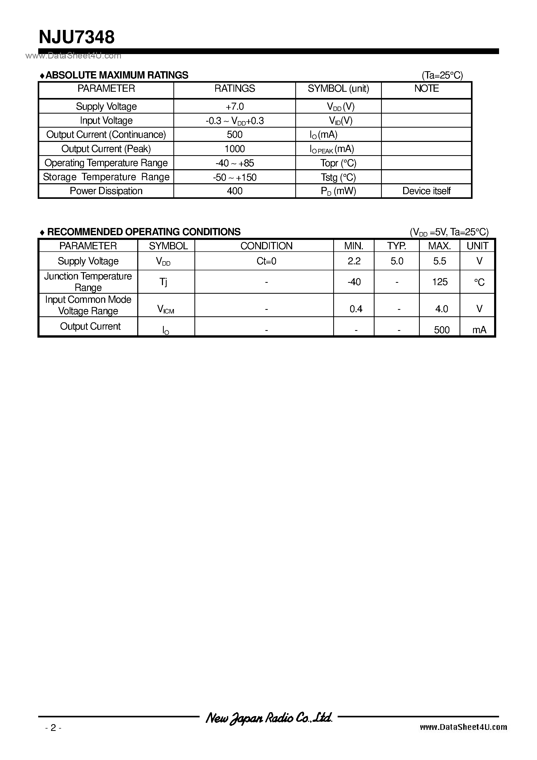 Datasheet NJU7348 - FAN Motor / VSP10 page 2