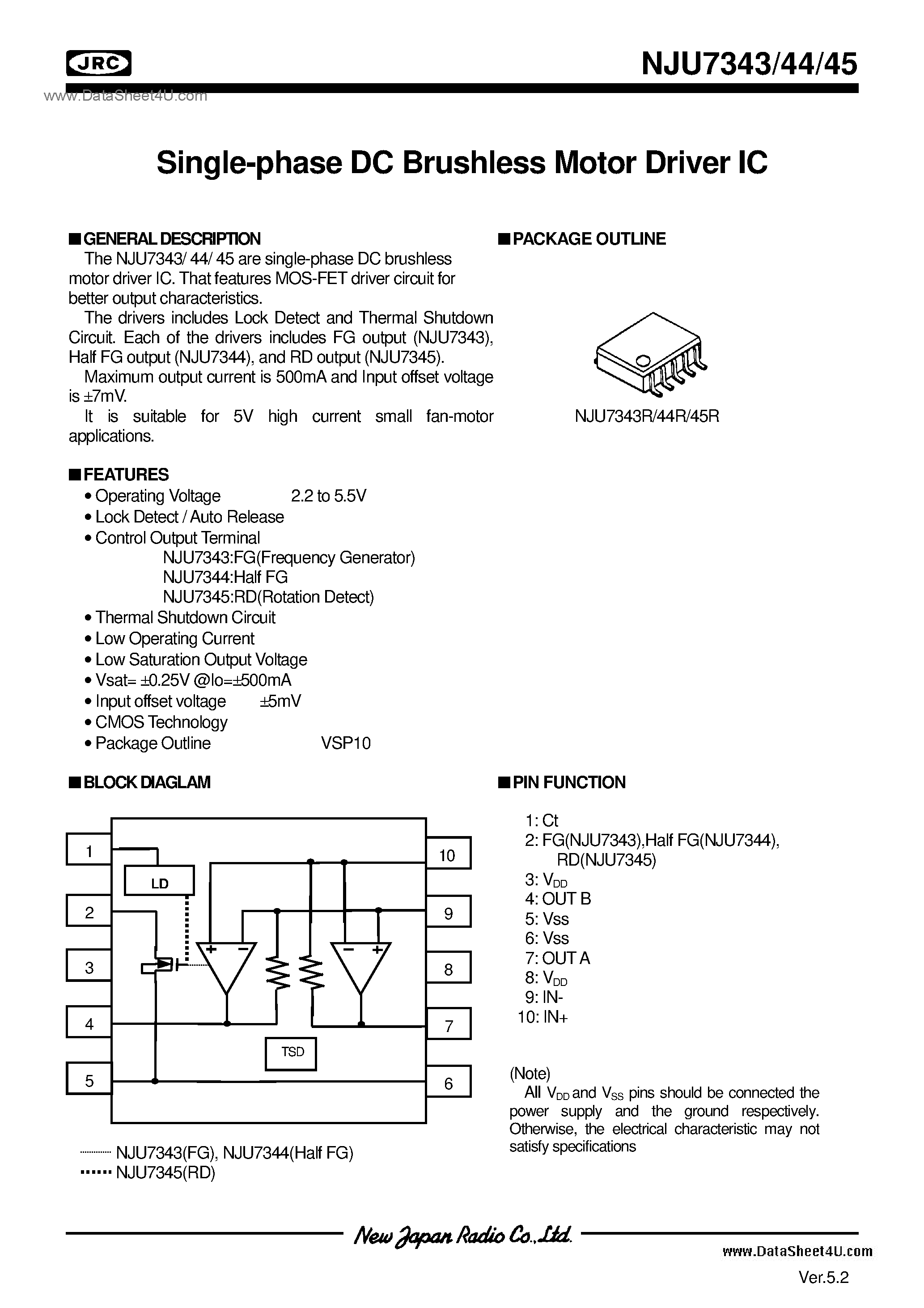 Datasheet NJU7343 - (NJU7343 - NJU7345) FAN Motor / VSP10 page 1