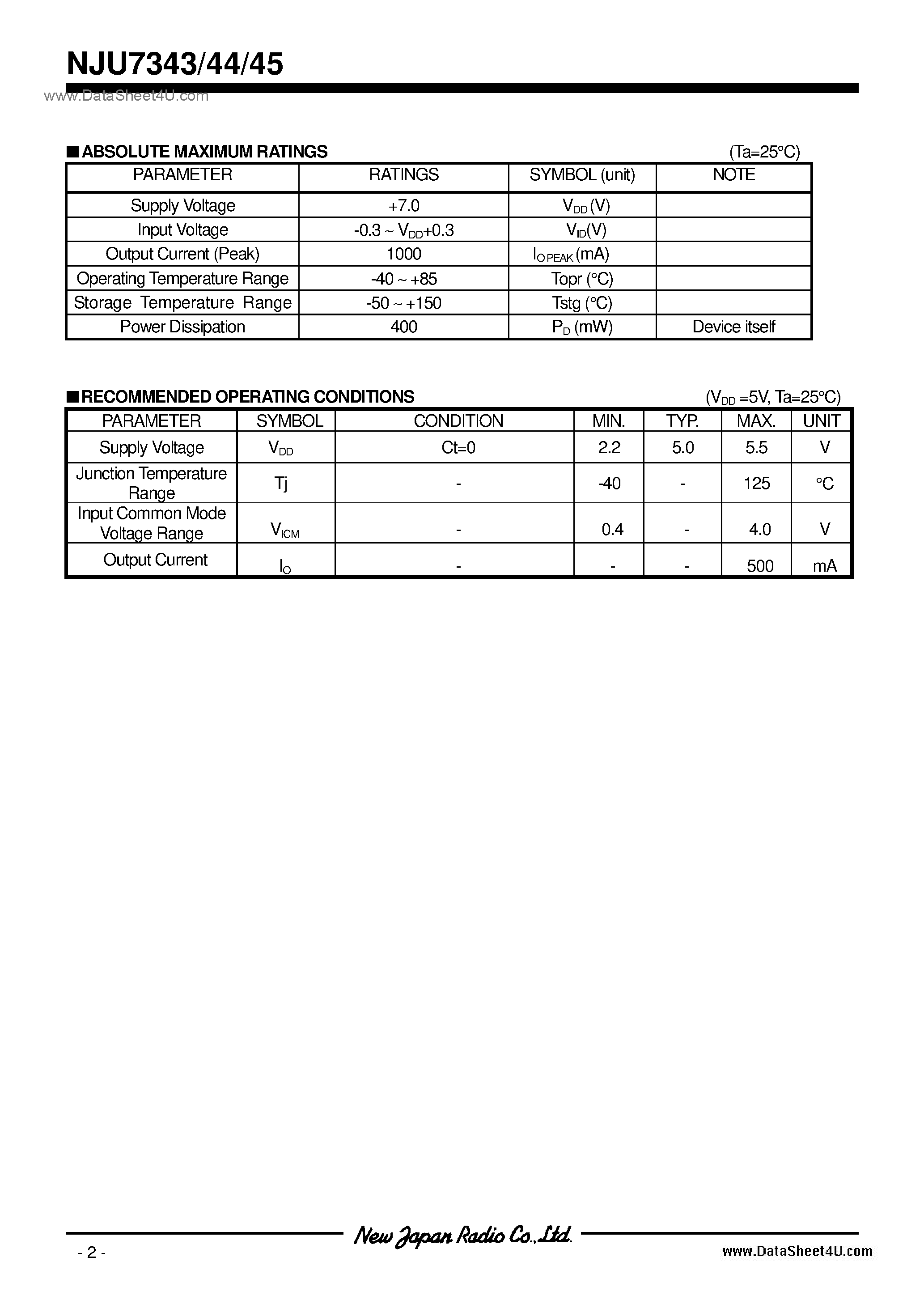 Datasheet NJU7343 - (NJU7343 - NJU7345) FAN Motor / VSP10 page 2