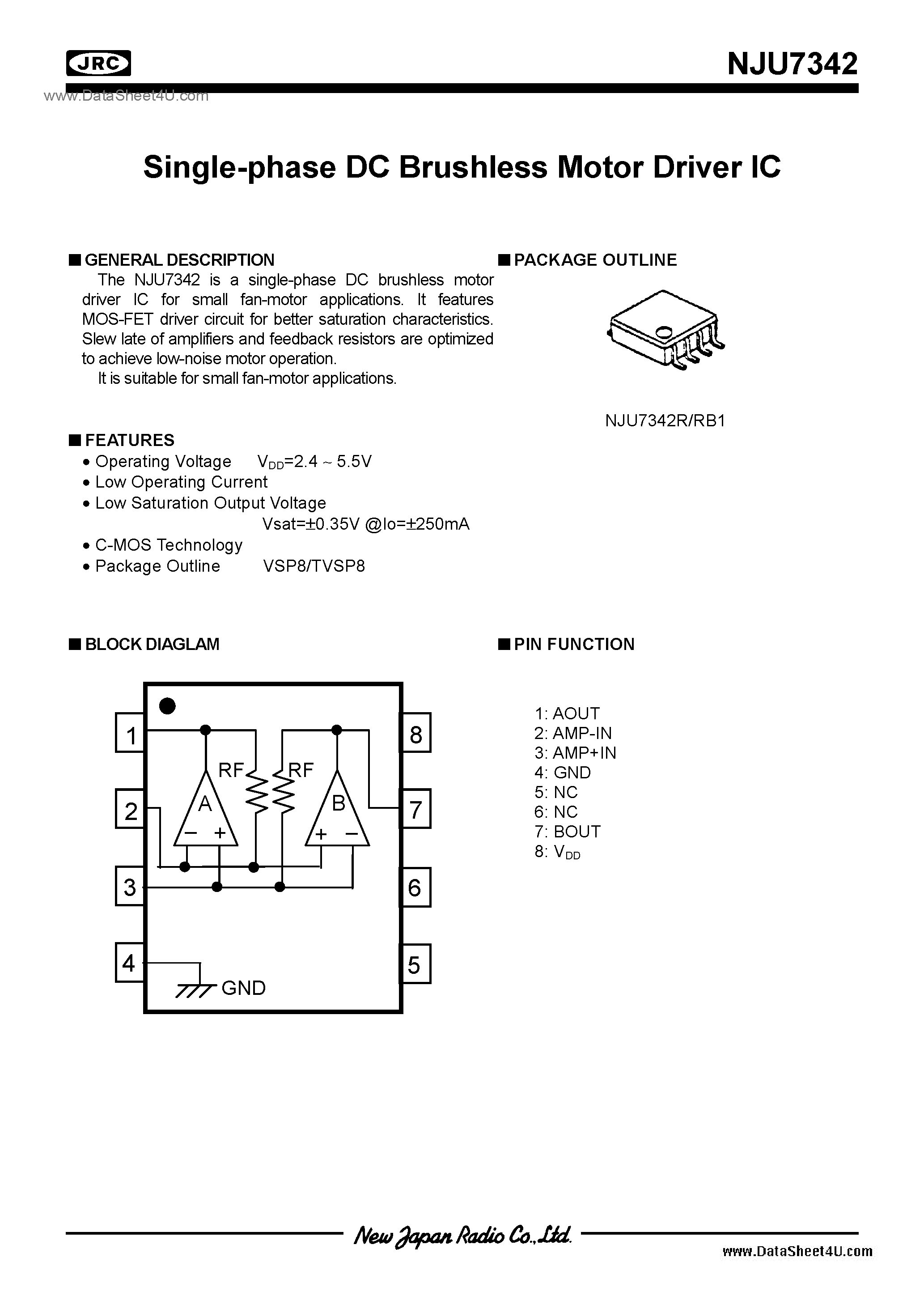 Datasheet NJU7342 page 1 Datasheet NJU7342 - FAN Motor / TVSP8 / VSP8 page 1