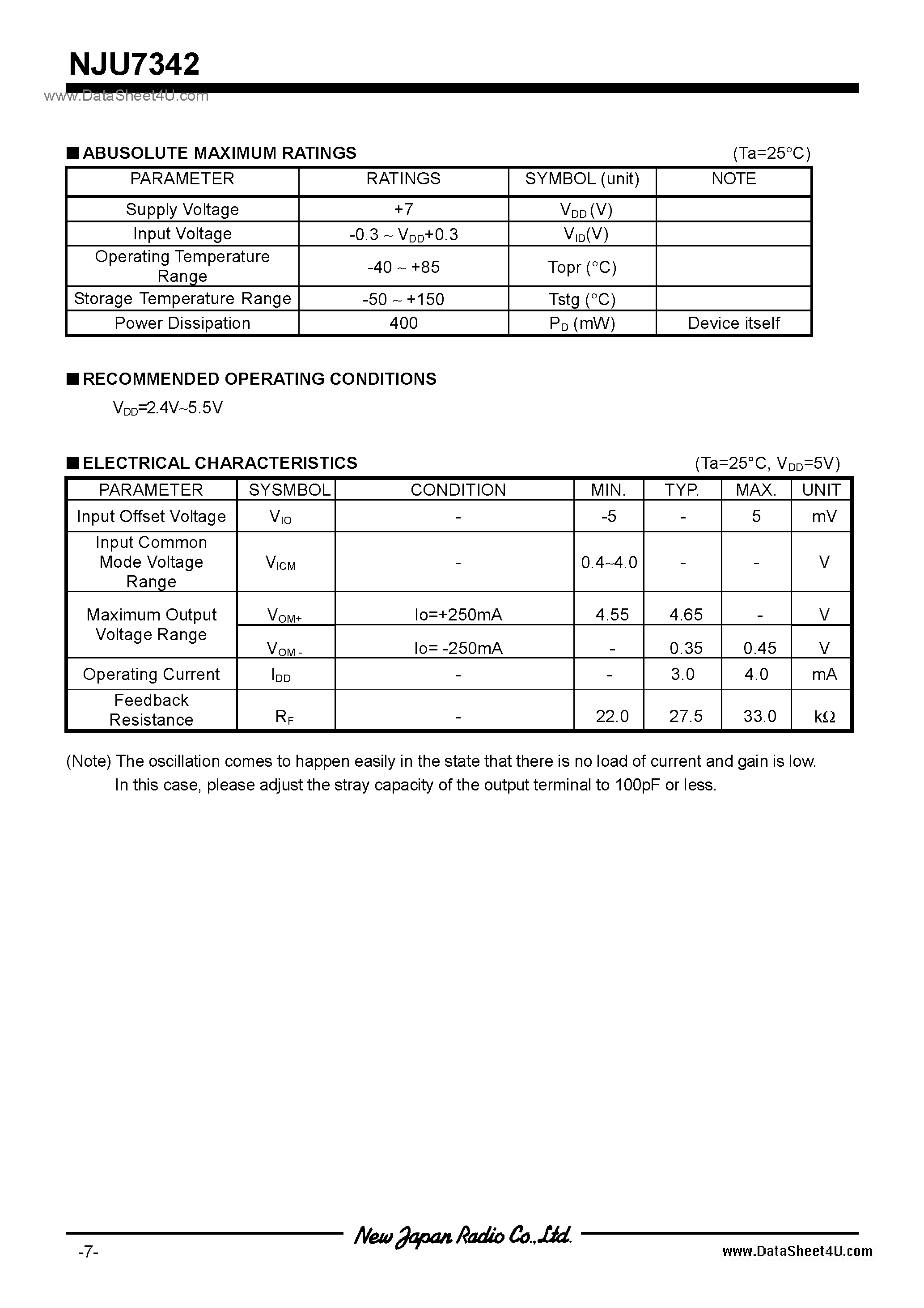Datasheet NJU7342 page 2 Datasheet NJU7342 - FAN Motor / TVSP8 / VSP8 page 2