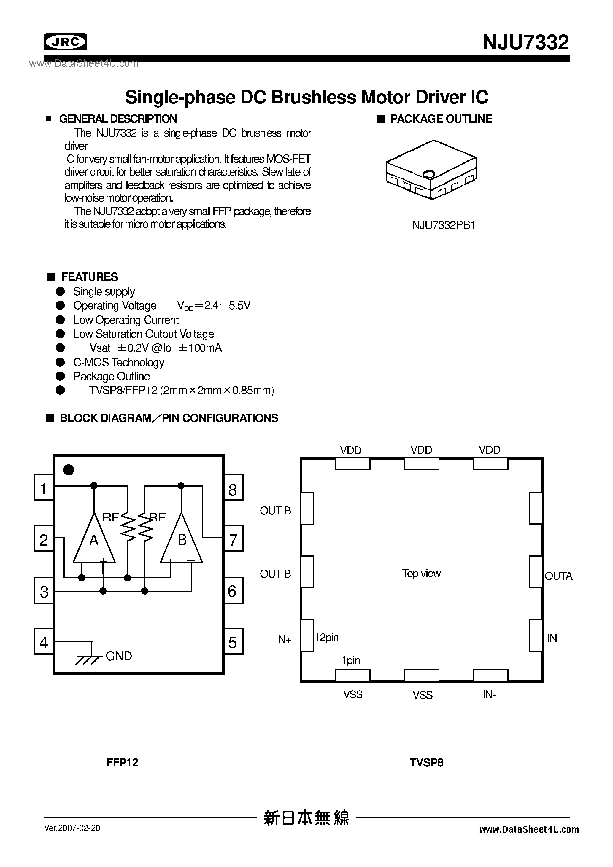 Datasheet NJU7332 - FAN Motor / FFP12-B1 / TVSP8 page 1