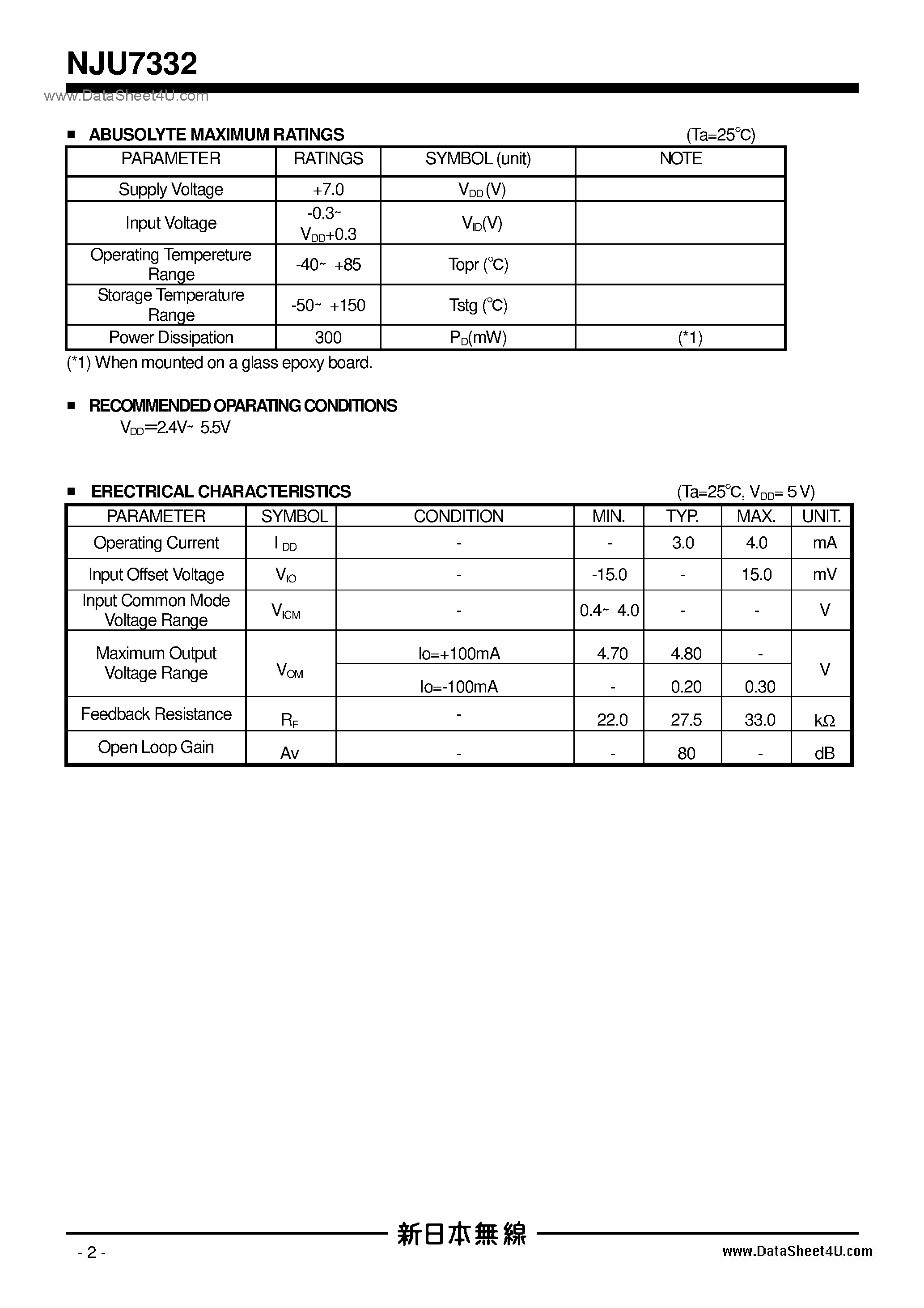 Datasheet NJU7332 - FAN Motor / FFP12-B1 / TVSP8 page 2