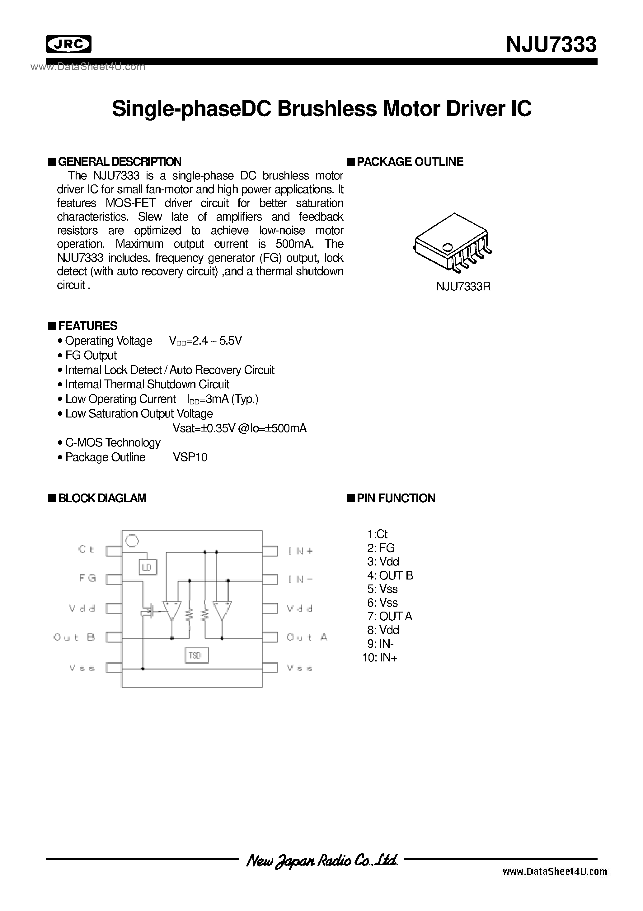 Datasheet NJU7333 page 1 Datasheet NJU7333 - FAN Motor / VSP10 page 1
