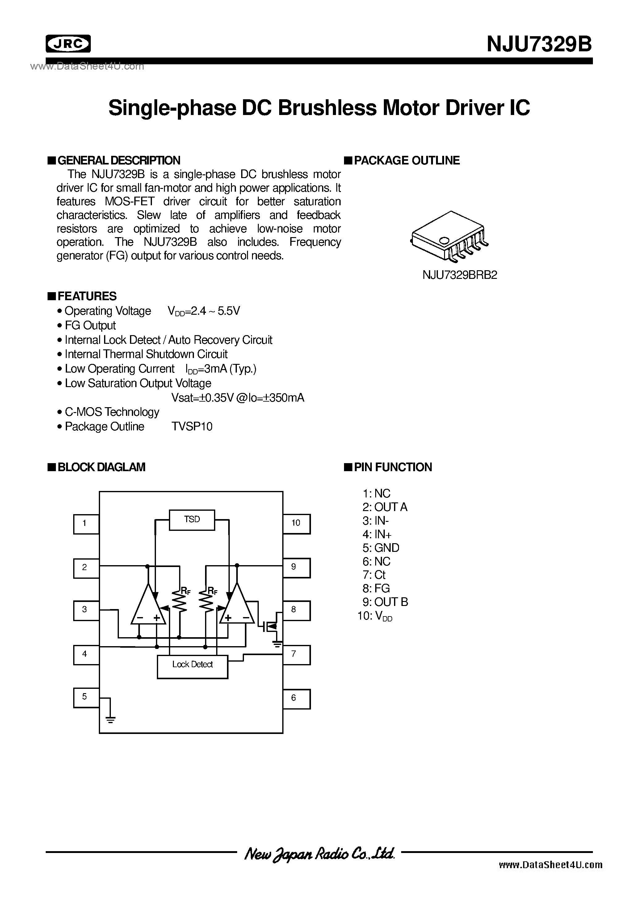 Datasheet NJU7329B page 1 Datasheet NJU7329B - FAN Motor / TVSP10 page 1