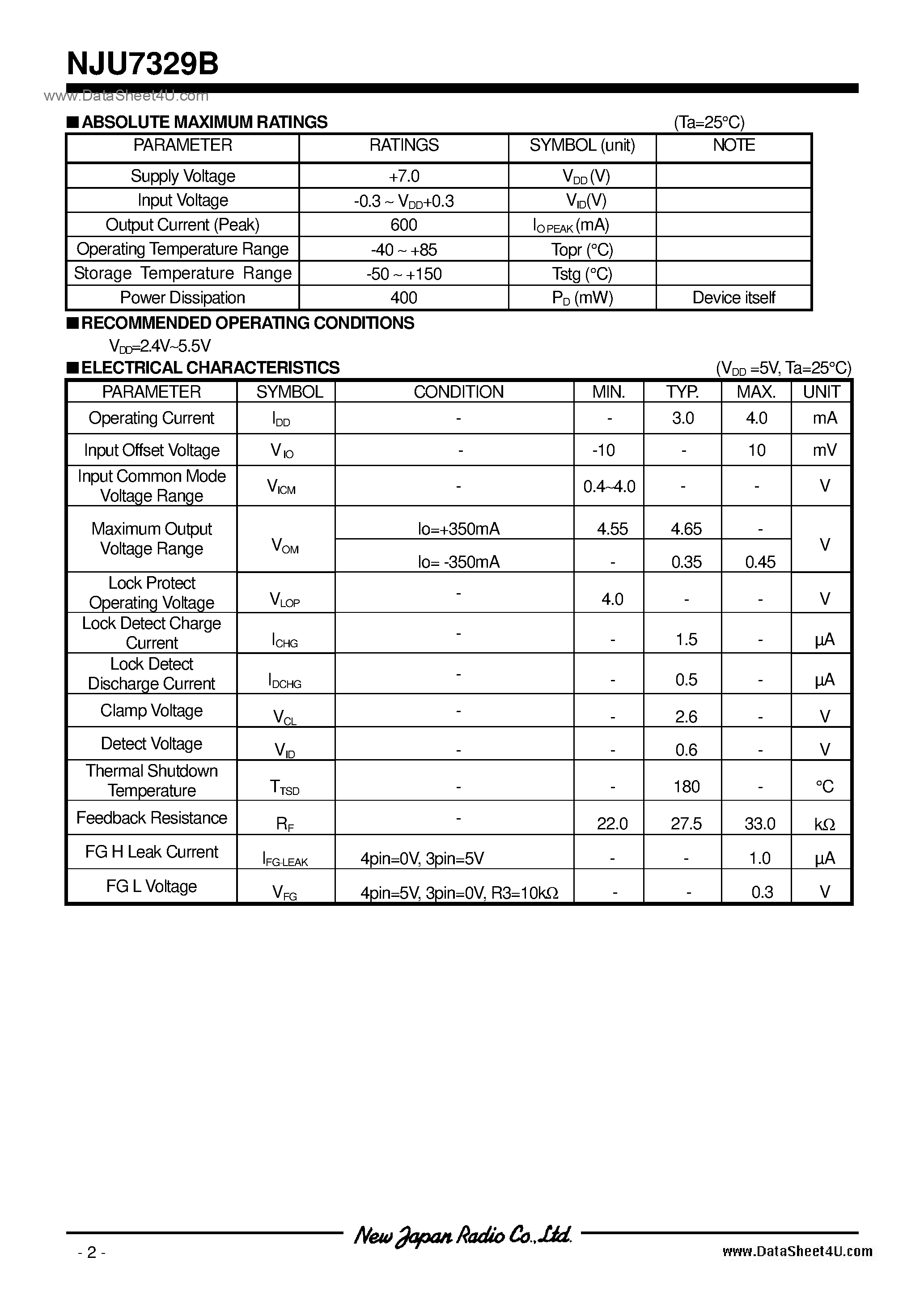 Datasheet NJU7329B page 2 Datasheet NJU7329B - FAN Motor / TVSP10 page 2