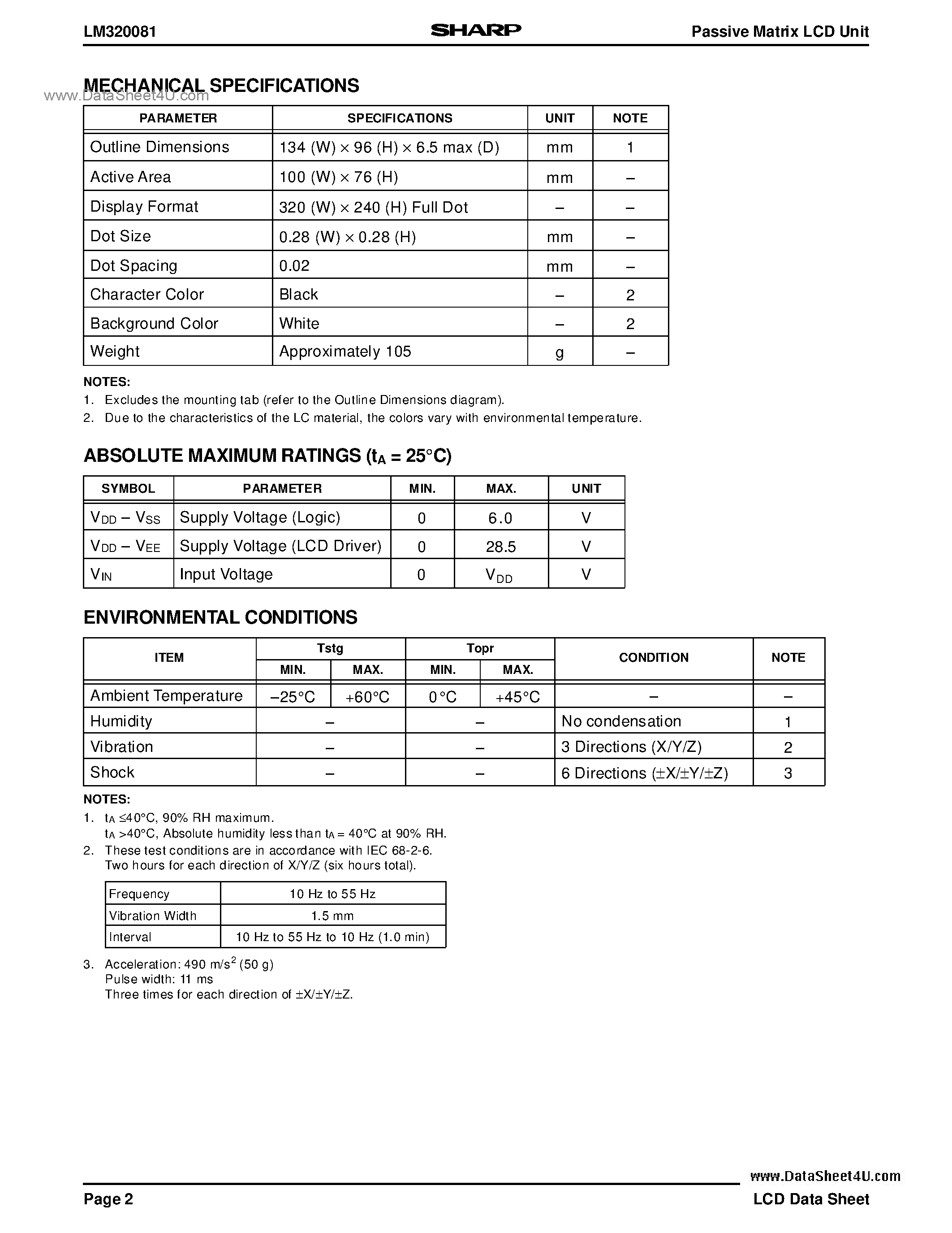 Datasheet LM320081 page 2 Datasheet LM320081 - Passive Matric LCD Unit page 2