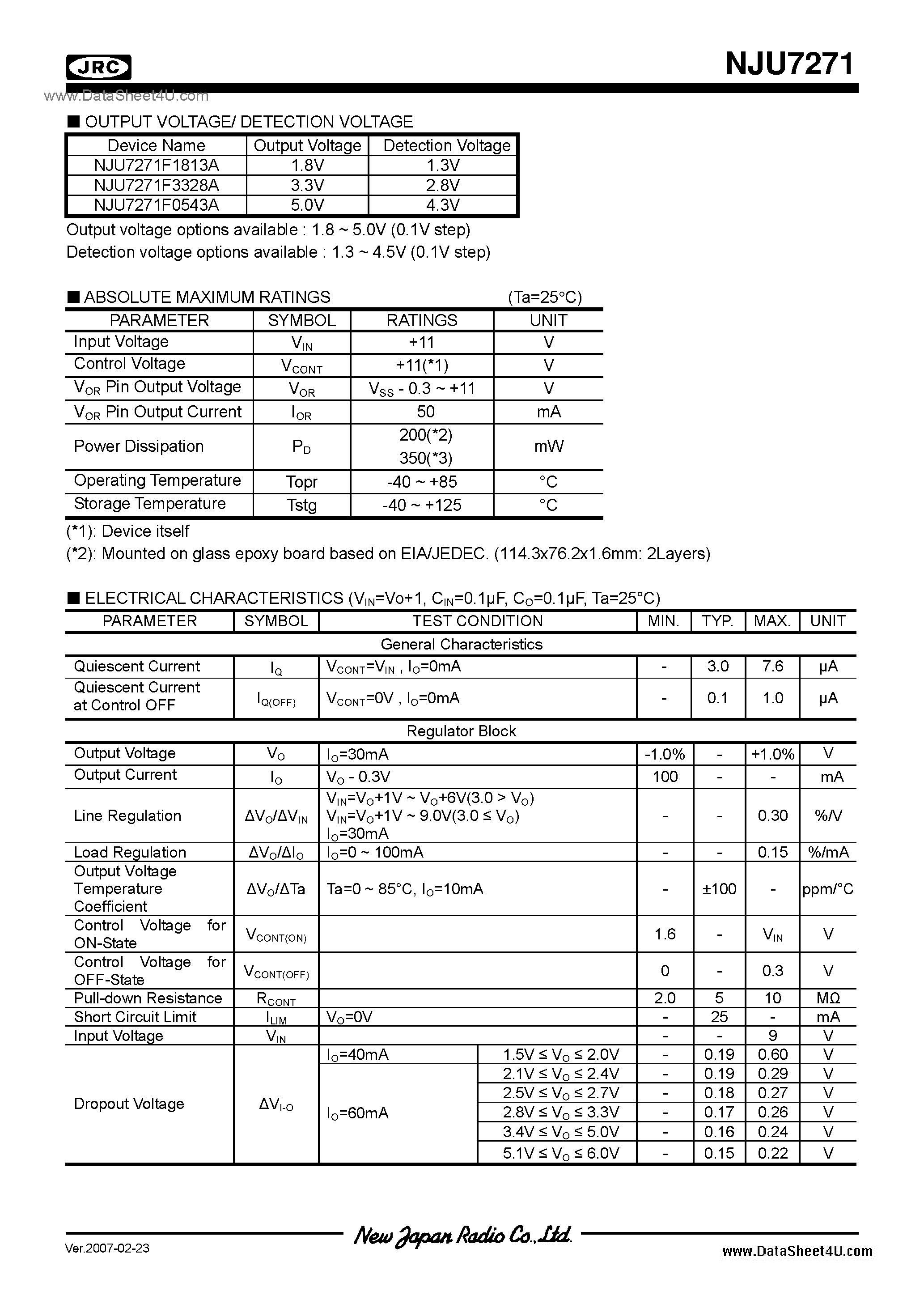 Datasheet NJU7271 - 1.8 ~ 5.0* / SOT-23(MTP5) page 2