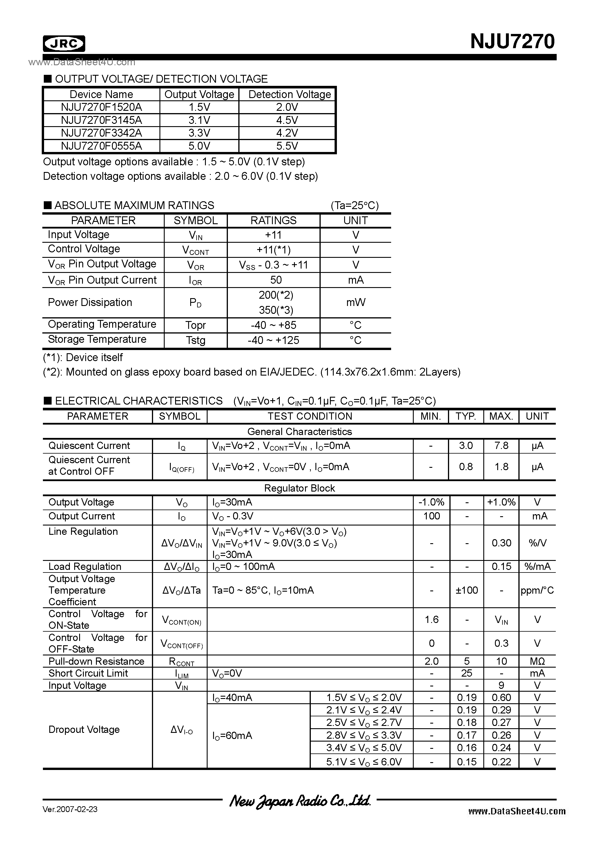 Datasheet NJU7270 - 1.5 ~ 5.0* / SOT-23(MTP5) page 2