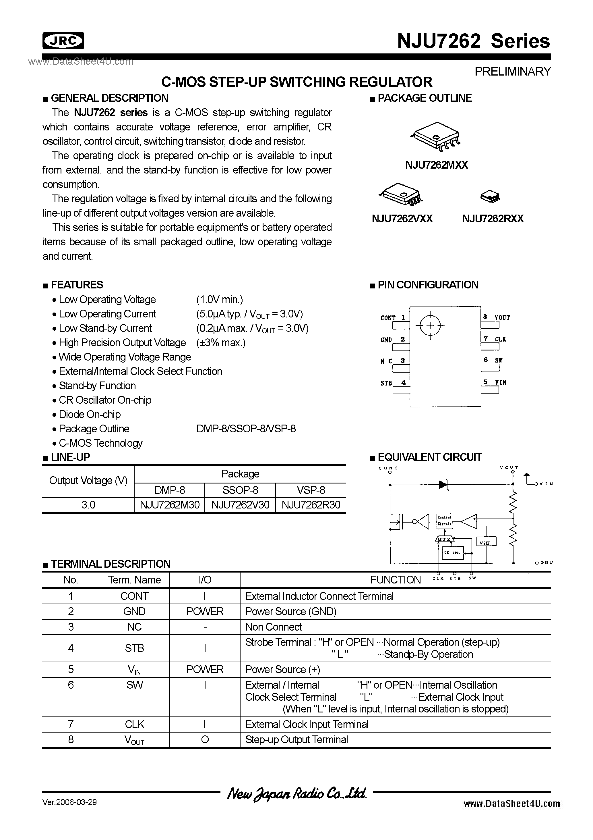Datasheet NJU7262 page 1 Datasheet NJU7262 - Switching Regulator IC / DMP8 / SSOP8 / VSP8 page 1