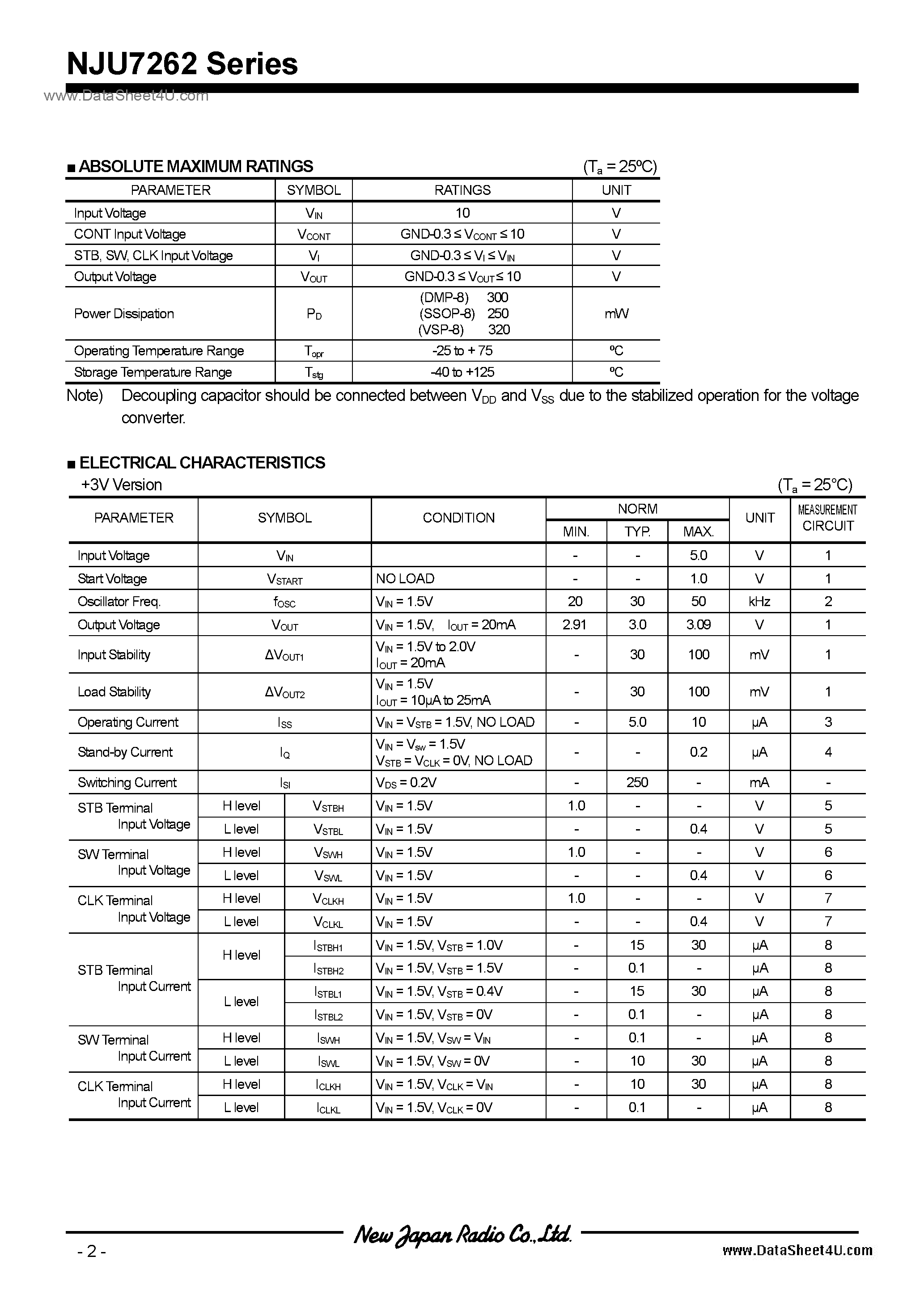 Datasheet NJU7262 page 2 Datasheet NJU7262 - Switching Regulator IC / DMP8 / SSOP8 / VSP8 page 2