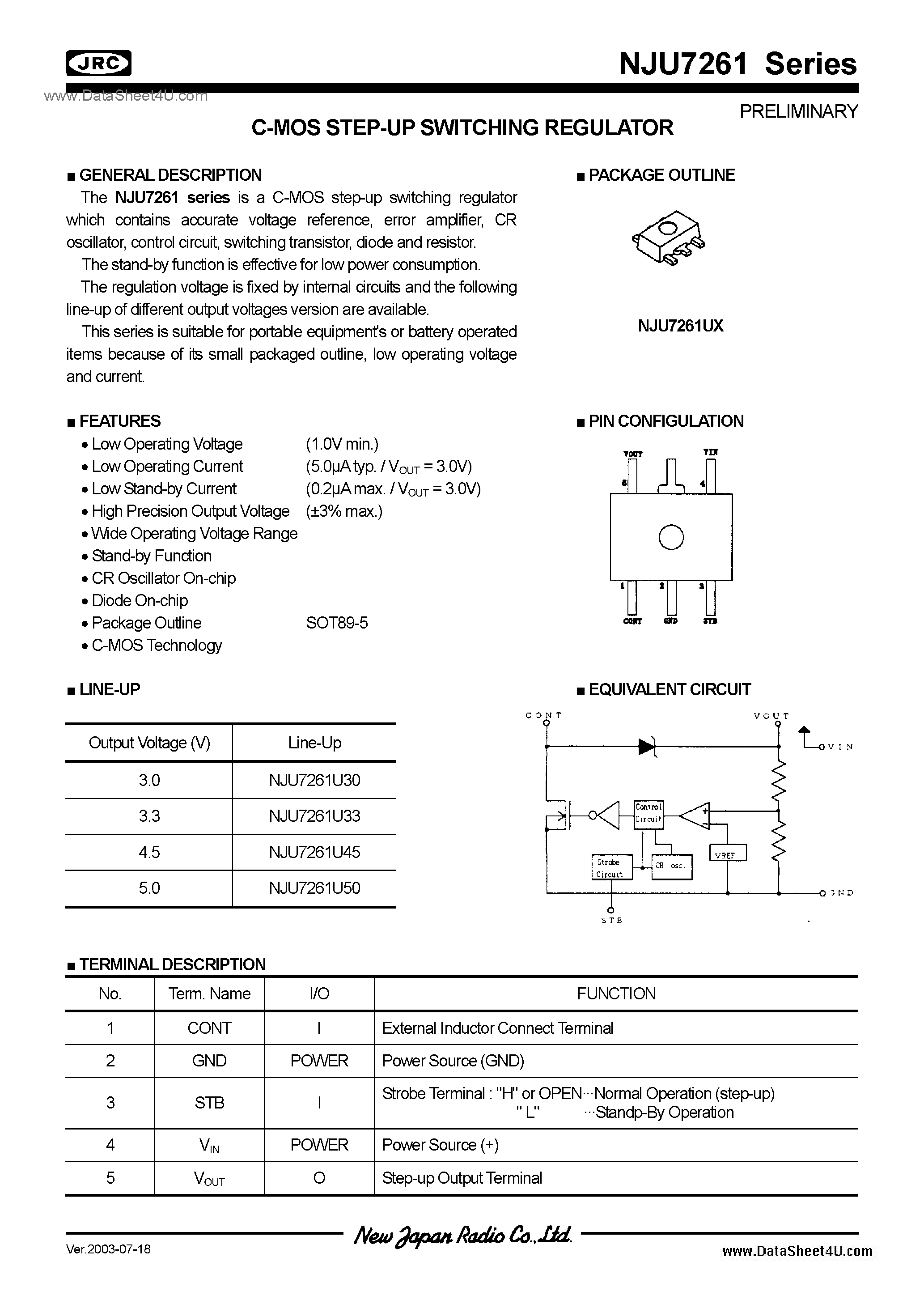 Datasheet NJU7261 page 1 Datasheet NJU7261 - Switching Regulator IC / SOT89 (5Pin) -U1 page 1