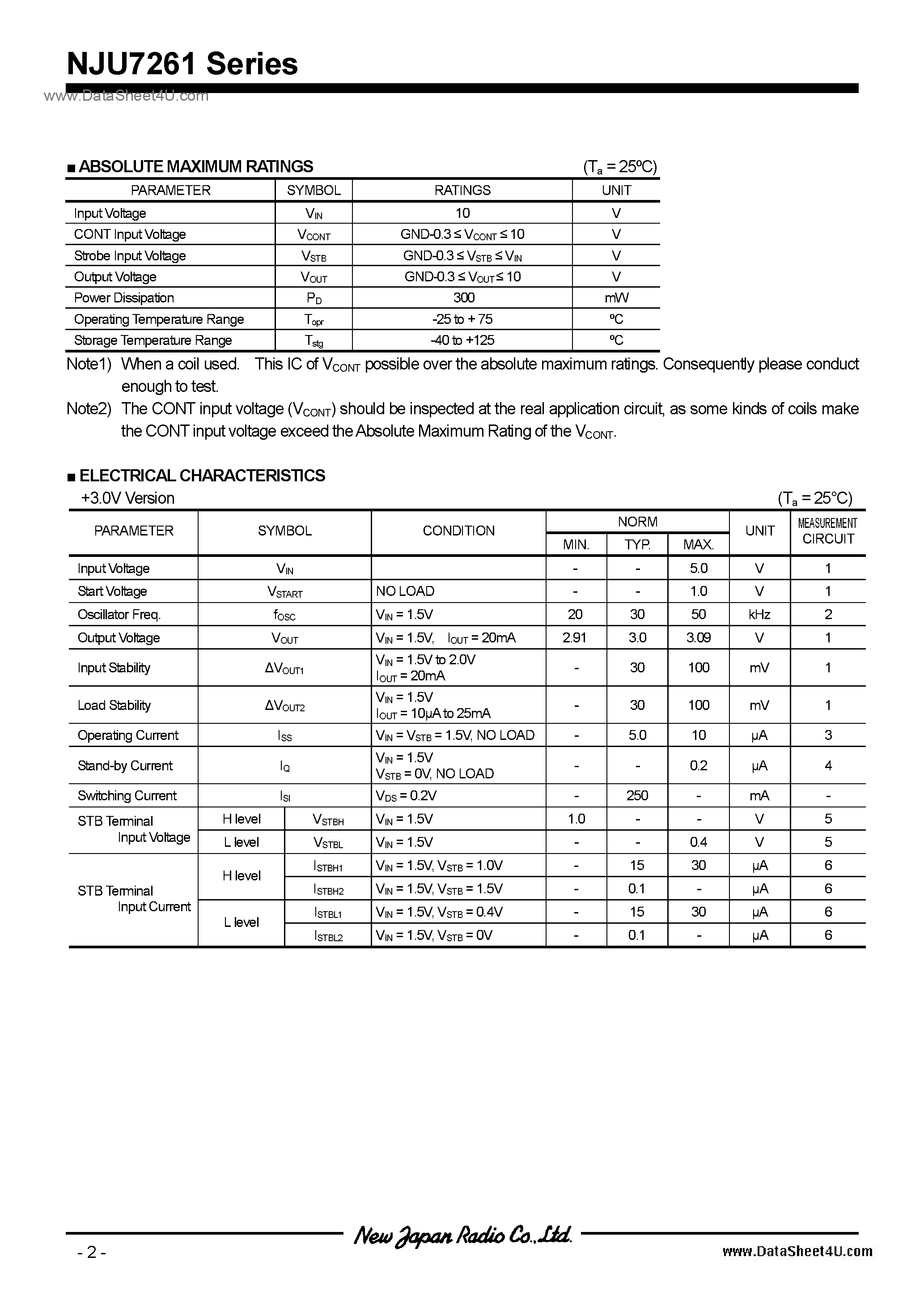 Datasheet NJU7261 page 2 Datasheet NJU7261 - Switching Regulator IC / SOT89 (5Pin) -U1 page 2