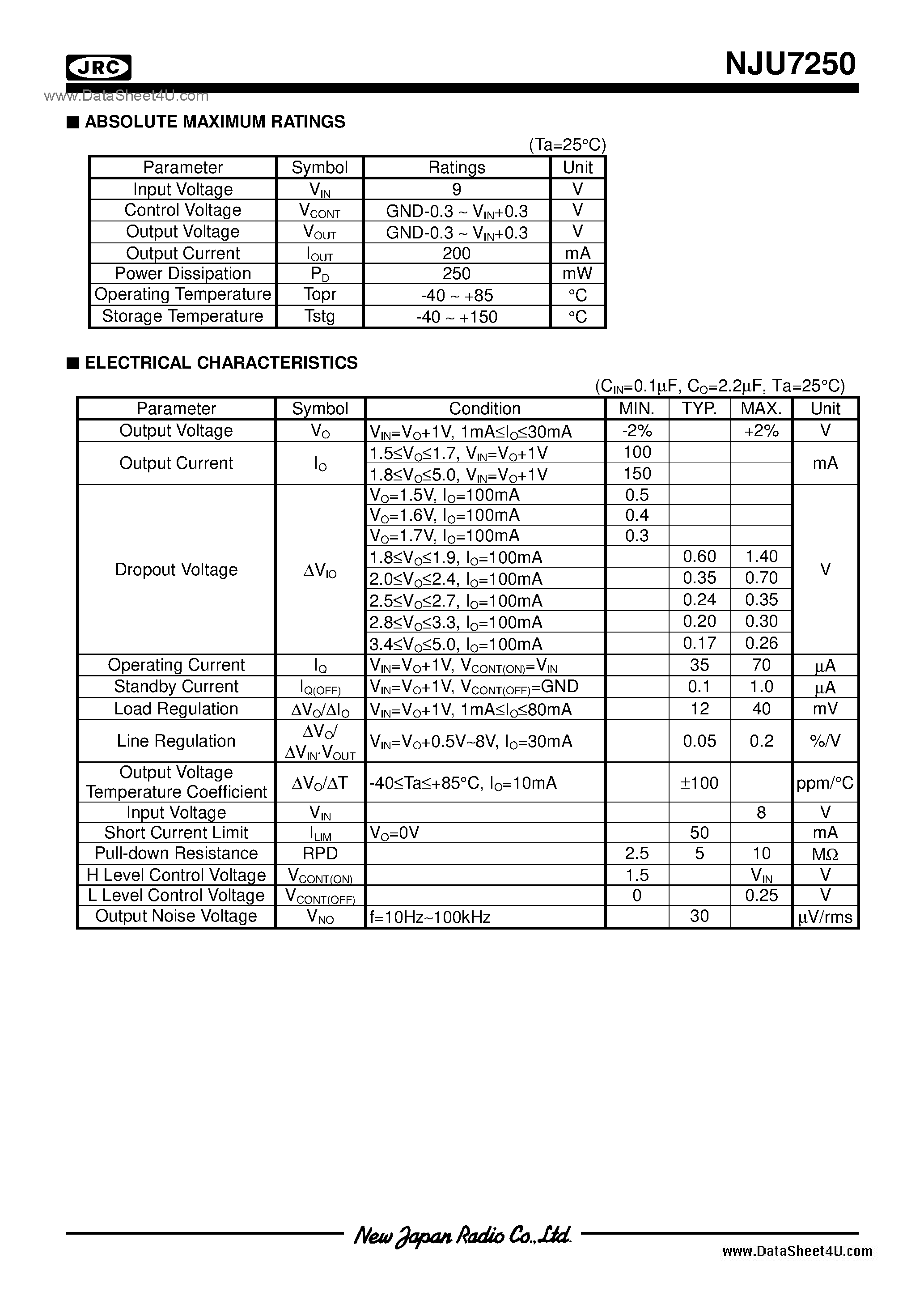 Datasheet NJU7250 - 2.5 ~ 3.3 / SOT-23(MTP5) page 2