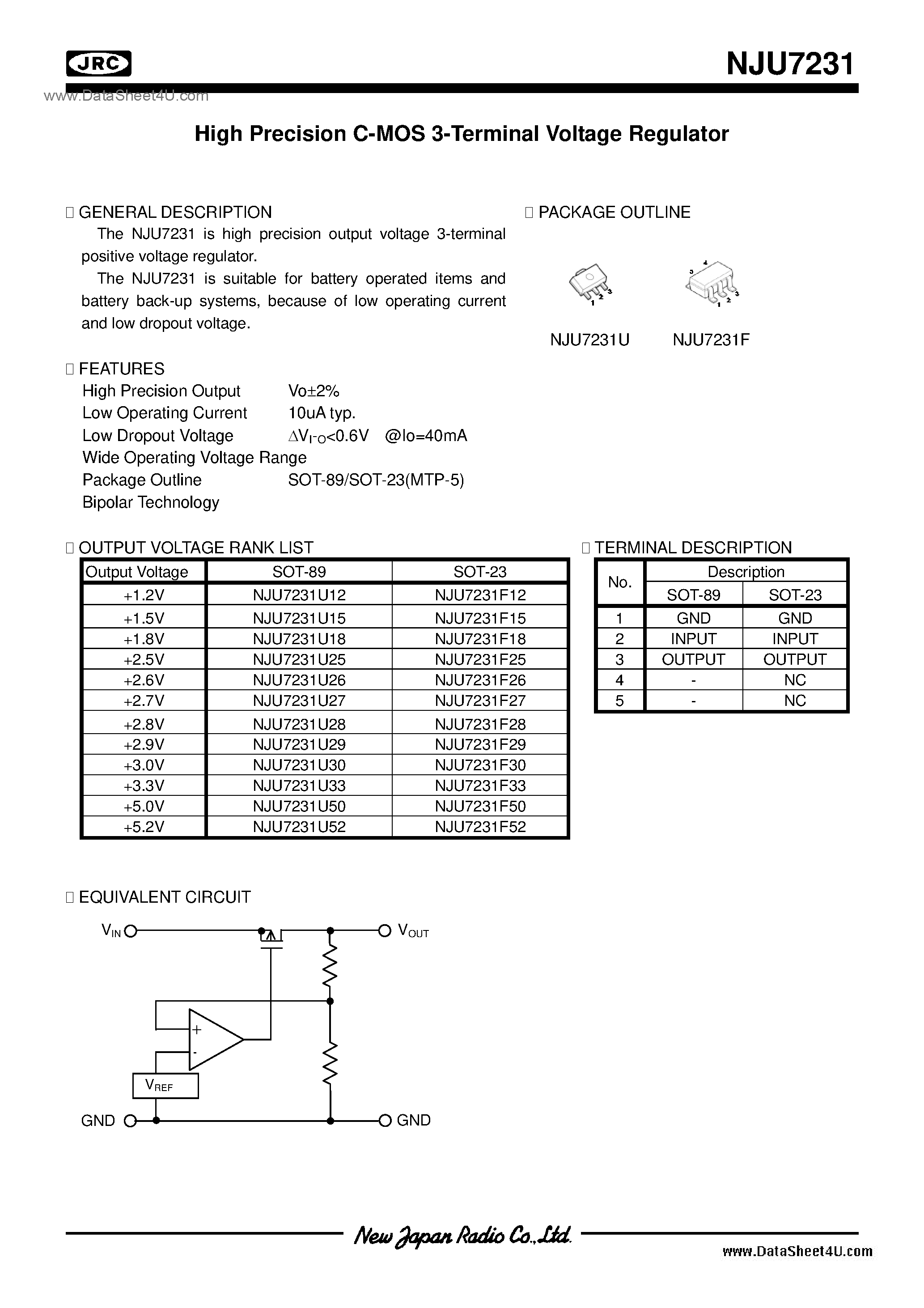 Datasheet NJU7231 - 1.2 ~ 5.2 / SOT-23(MTP5) / SOT89 (3Pin) page 1