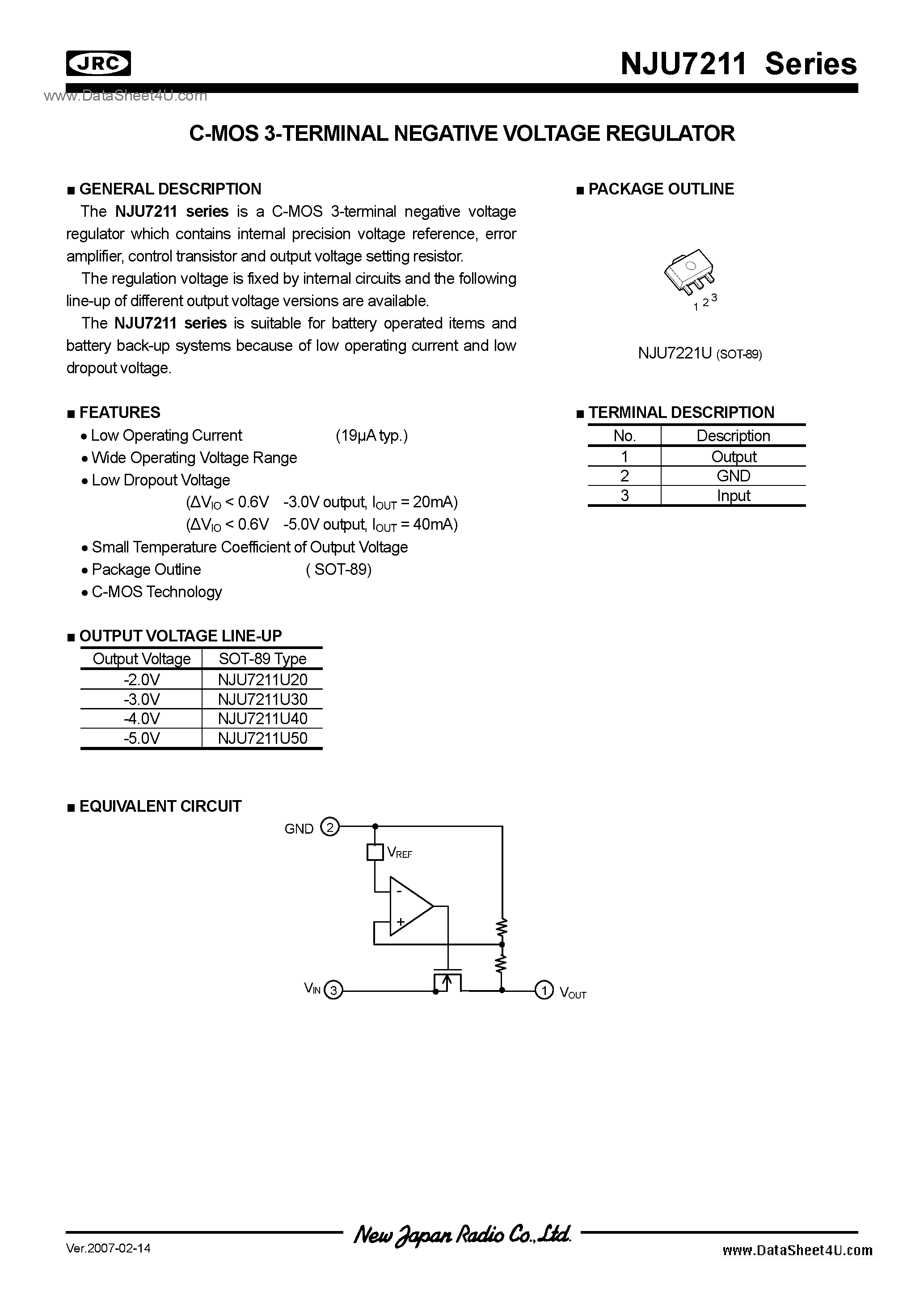Datasheet NJU7211 - -2.0 ~ -5.0 / SOT89 page 1