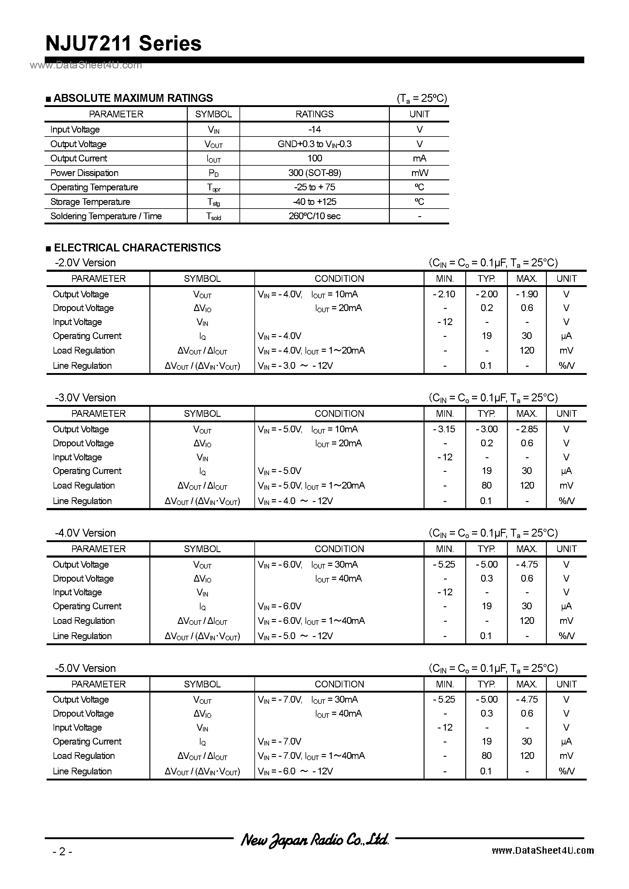 Datasheet NJU7211 - -2.0 ~ -5.0 / SOT89 page 2