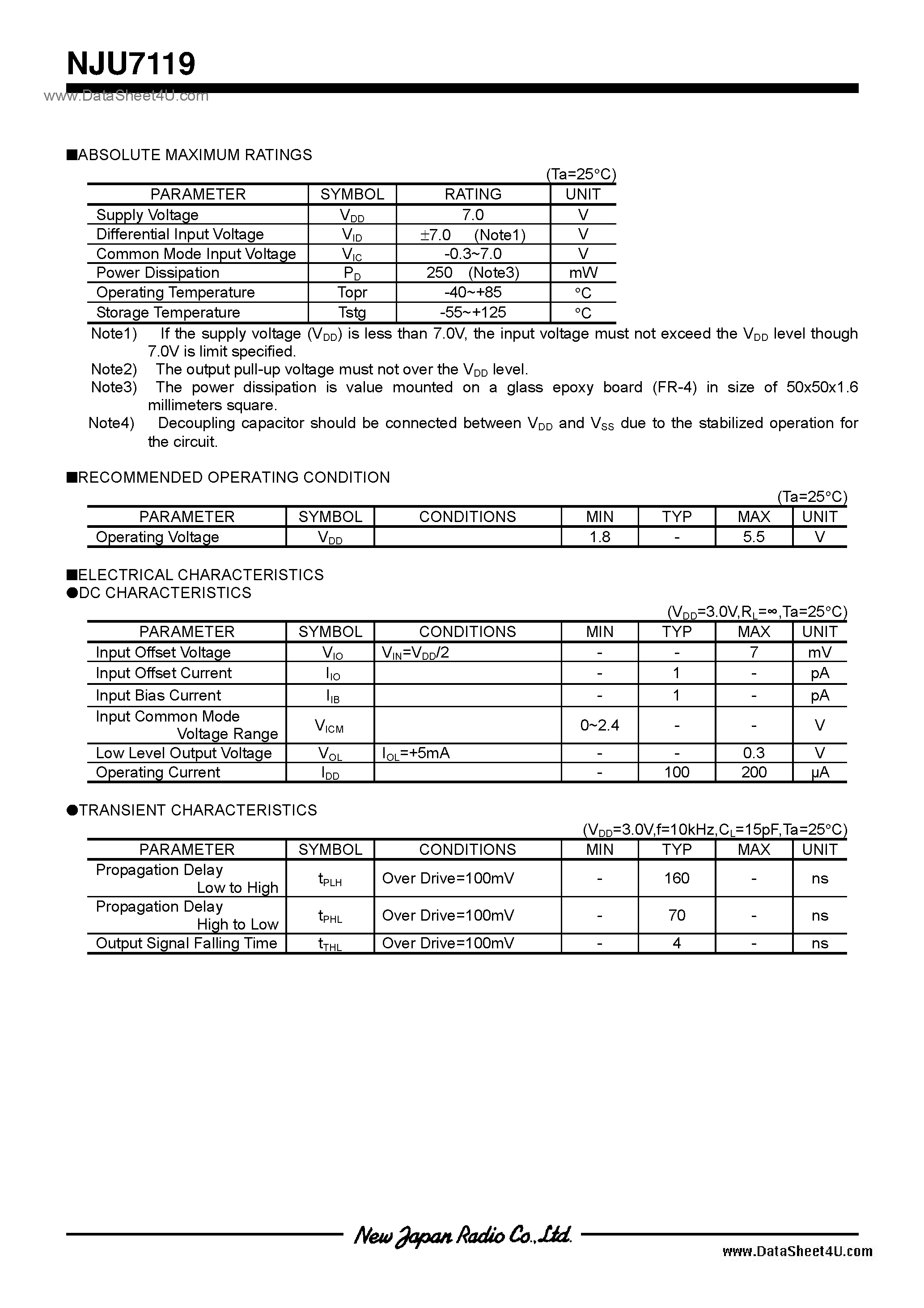 Datasheet NJU7119 page 2 Datasheet NJU7119 - C-MOS / SC88A page 2