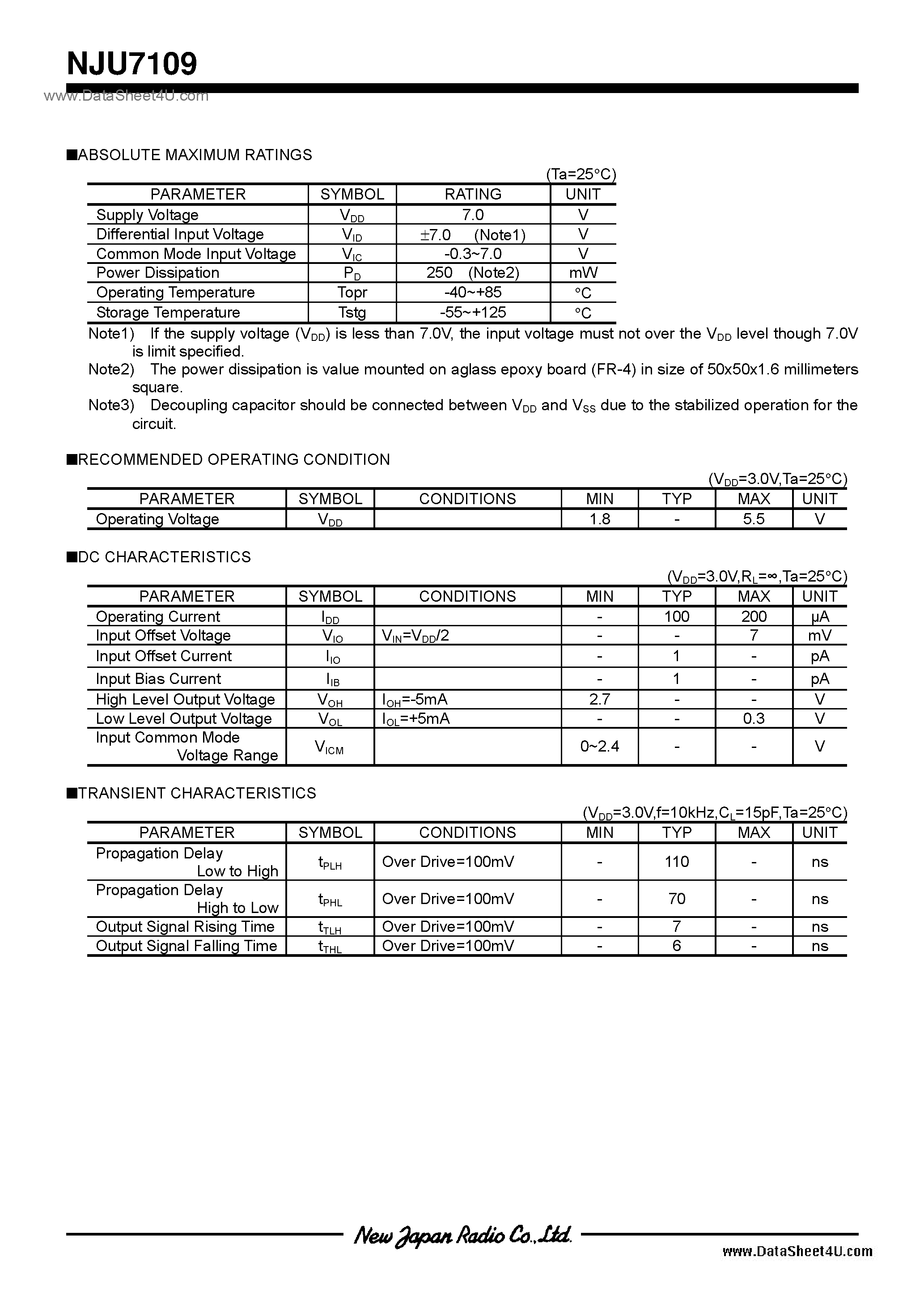Datasheet NJU7109 page 2 Datasheet NJU7109 - C-MOS / SC88A page 2