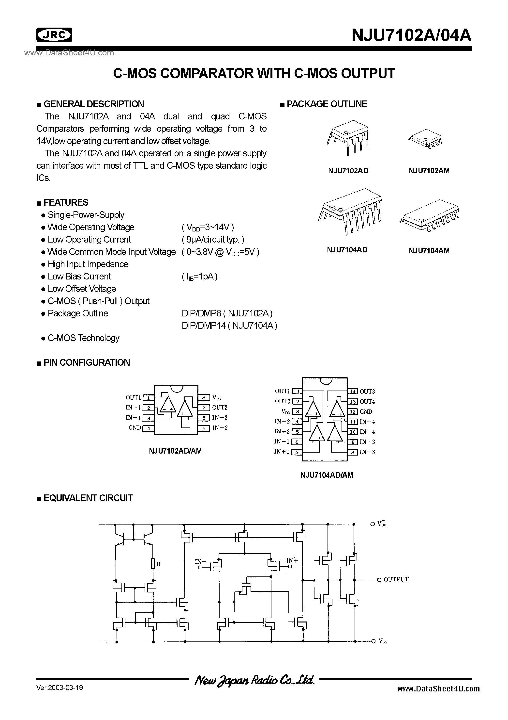 Datasheet NJU7102A page 1 Datasheet NJU7102A - (NJU7102A / NJU7104A) C-MOS / DIP8 / DMP8 page 1