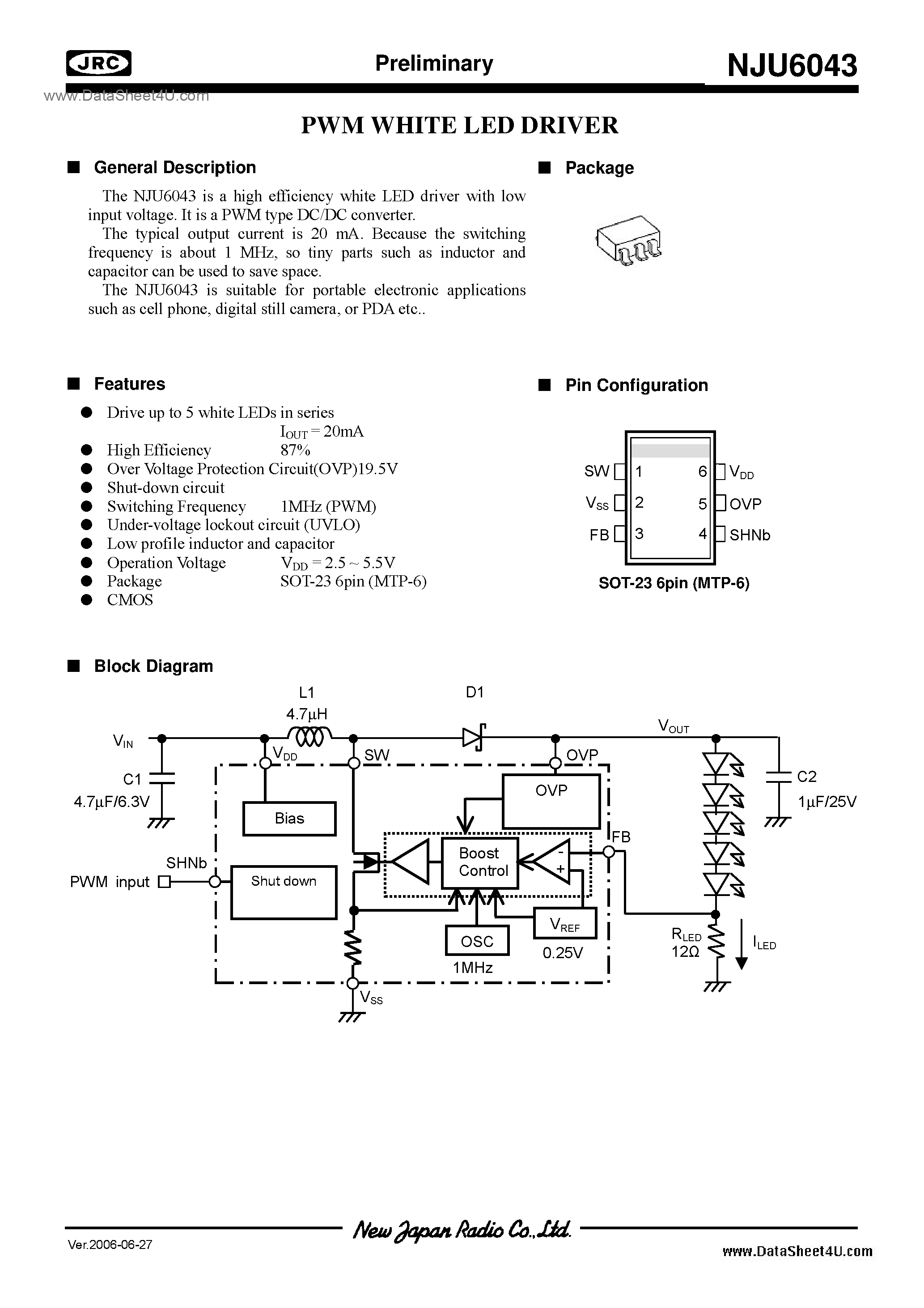 Datasheet NJU6043 - White LED Driver / SOT-23-6(MTP6) page 1