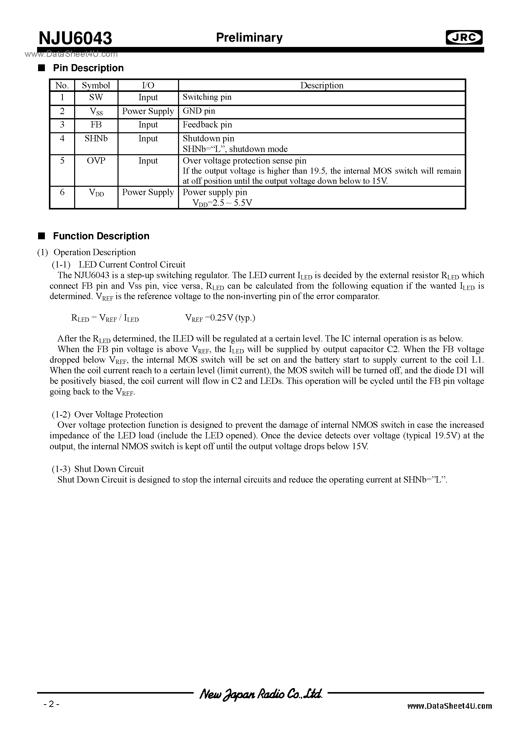 Datasheet NJU6043 - White LED Driver / SOT-23-6(MTP6) page 2