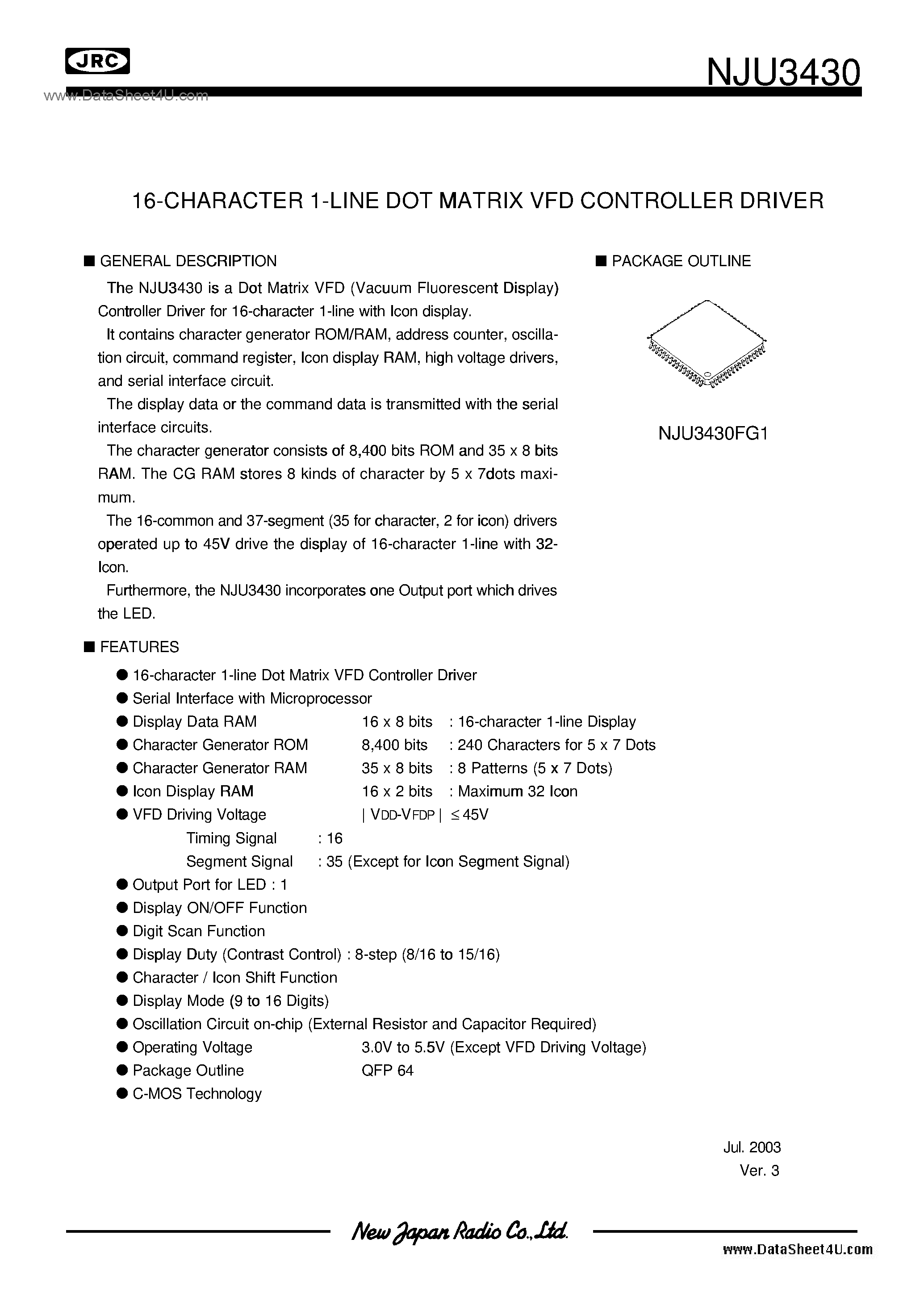 Datasheet NJU3430 - 16 characters 1 line / QFP64-G1 page 1
