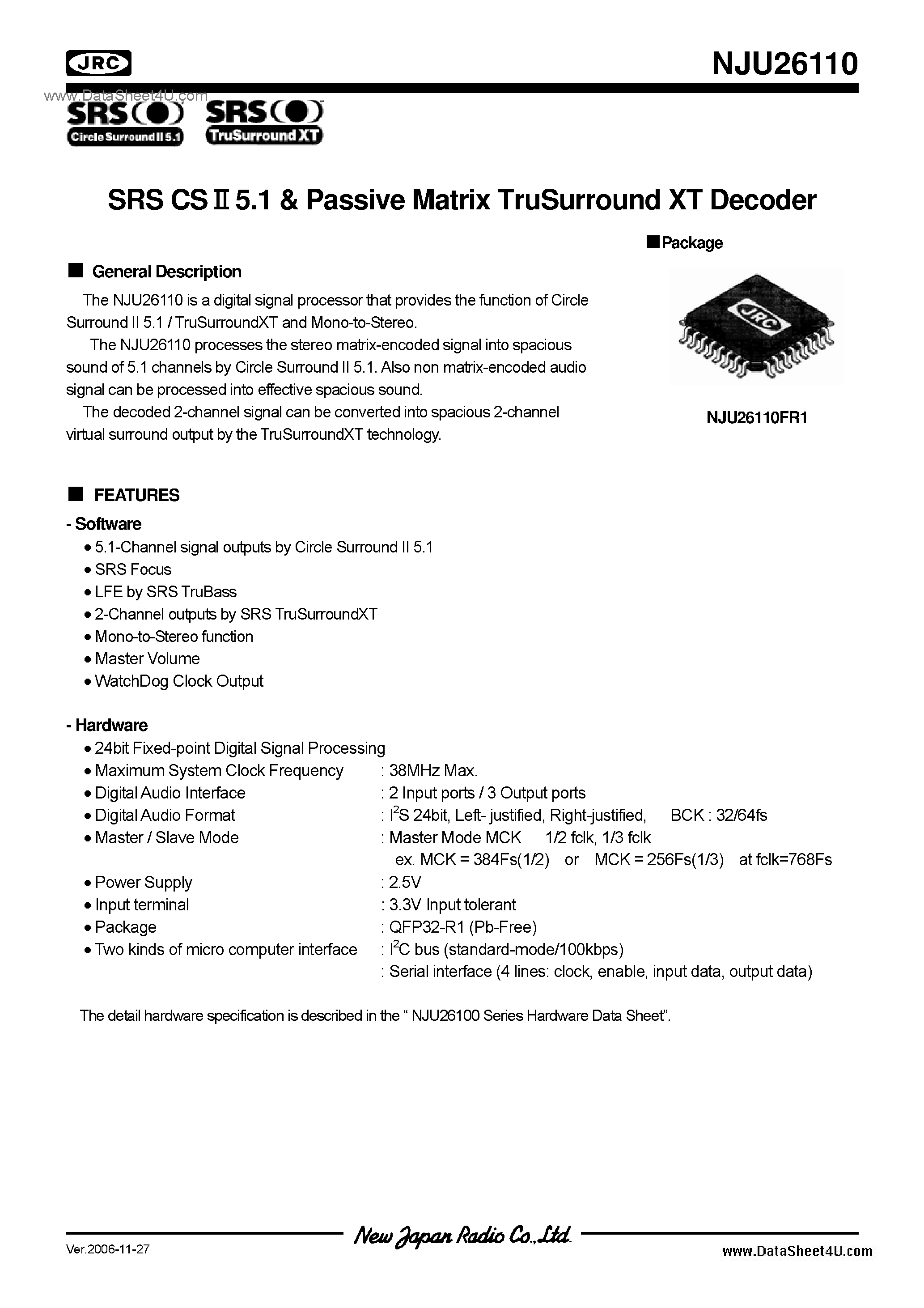 Datasheet NJU26110 - SRS CSII 5.1&TruSurround XT Decoder / QFP32-R1 page 1