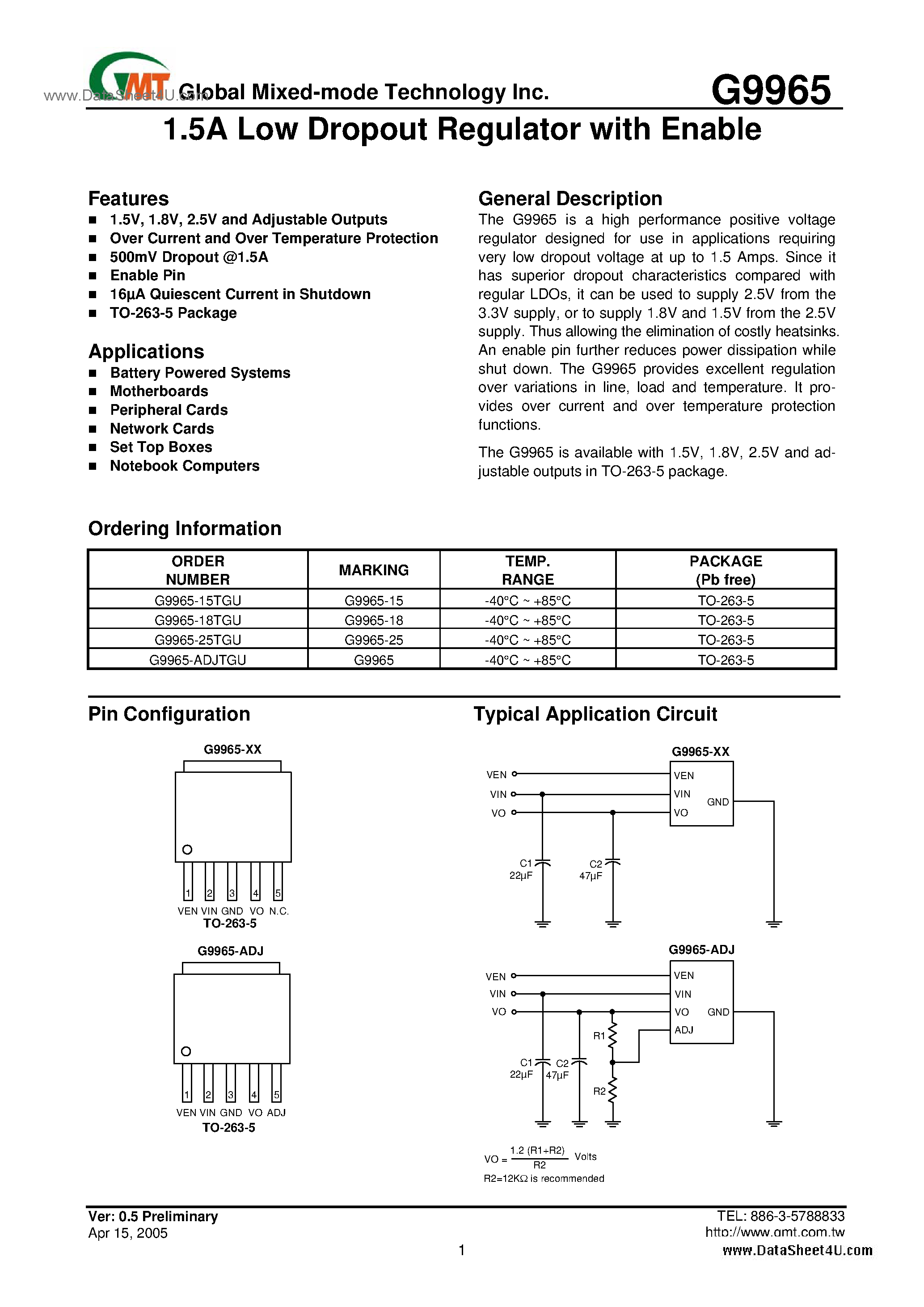 Даташит G9965 - 1.5A Low Dropout Regulator страница 1