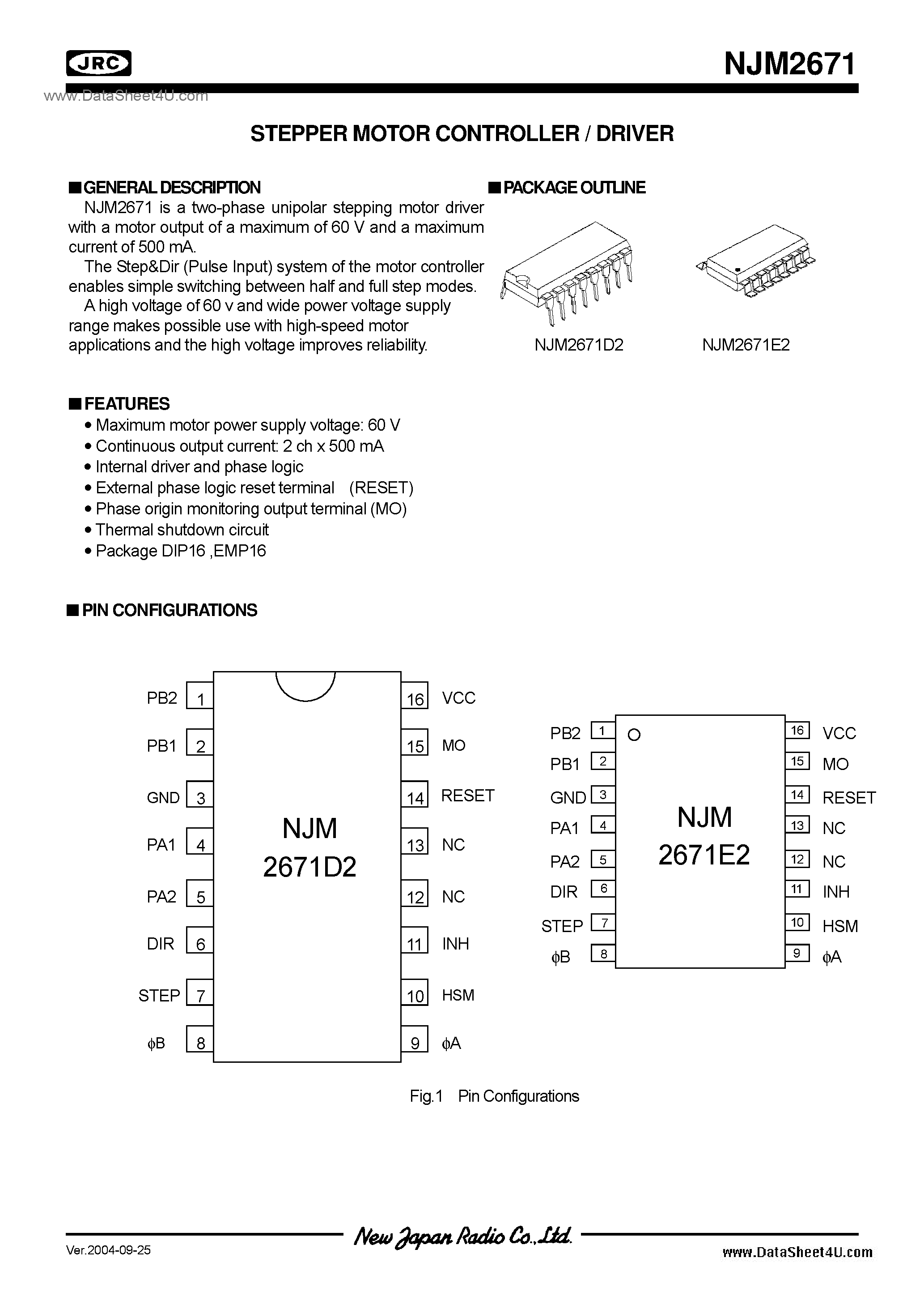 Даташит NJM2671 - Stepper Motor / DIP16-D2 / EMP16-E2 страница 1