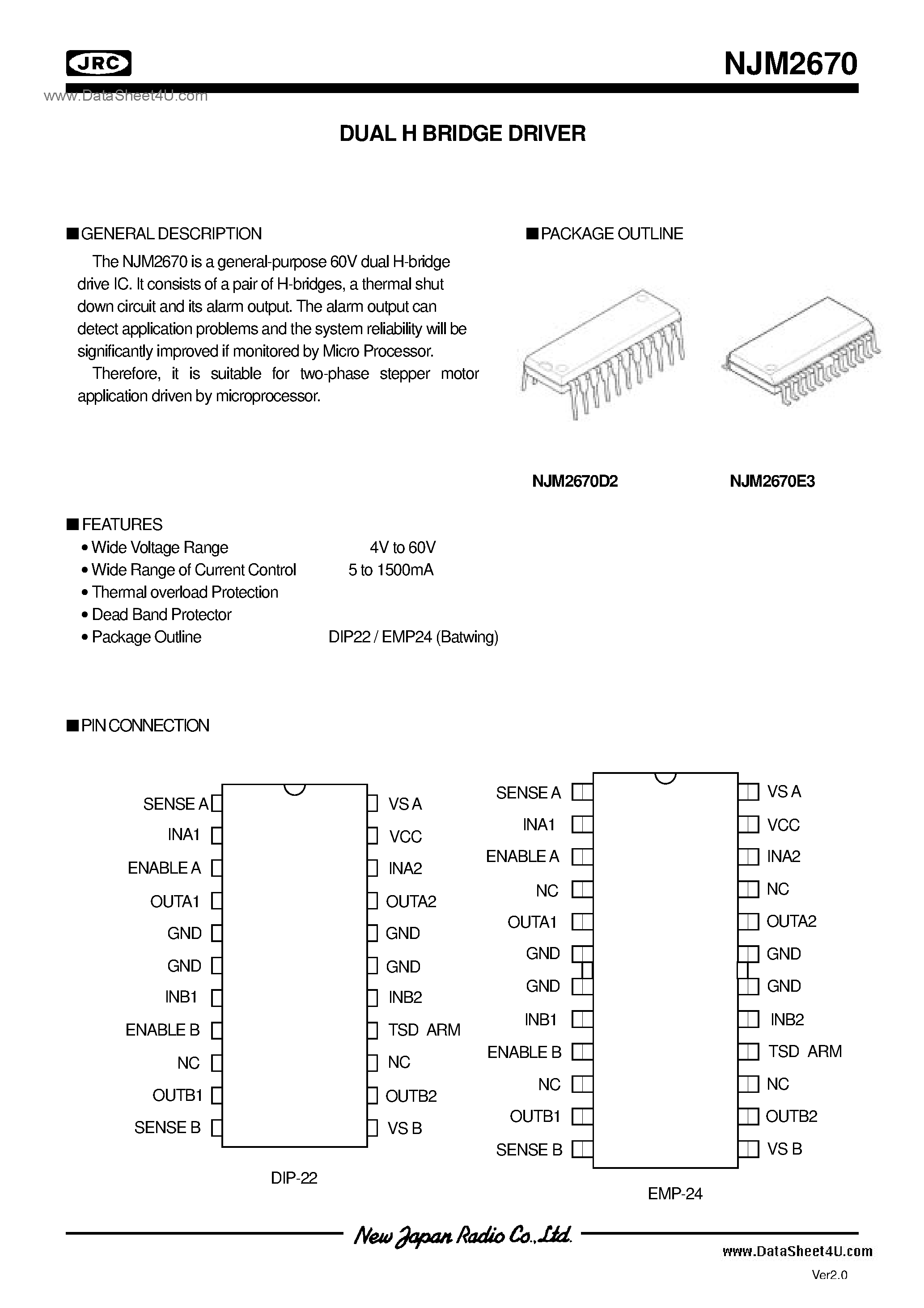 Даташит NJM2670 - Stepper Motor / DIP22-D2 / EMP24-E3 страница 1