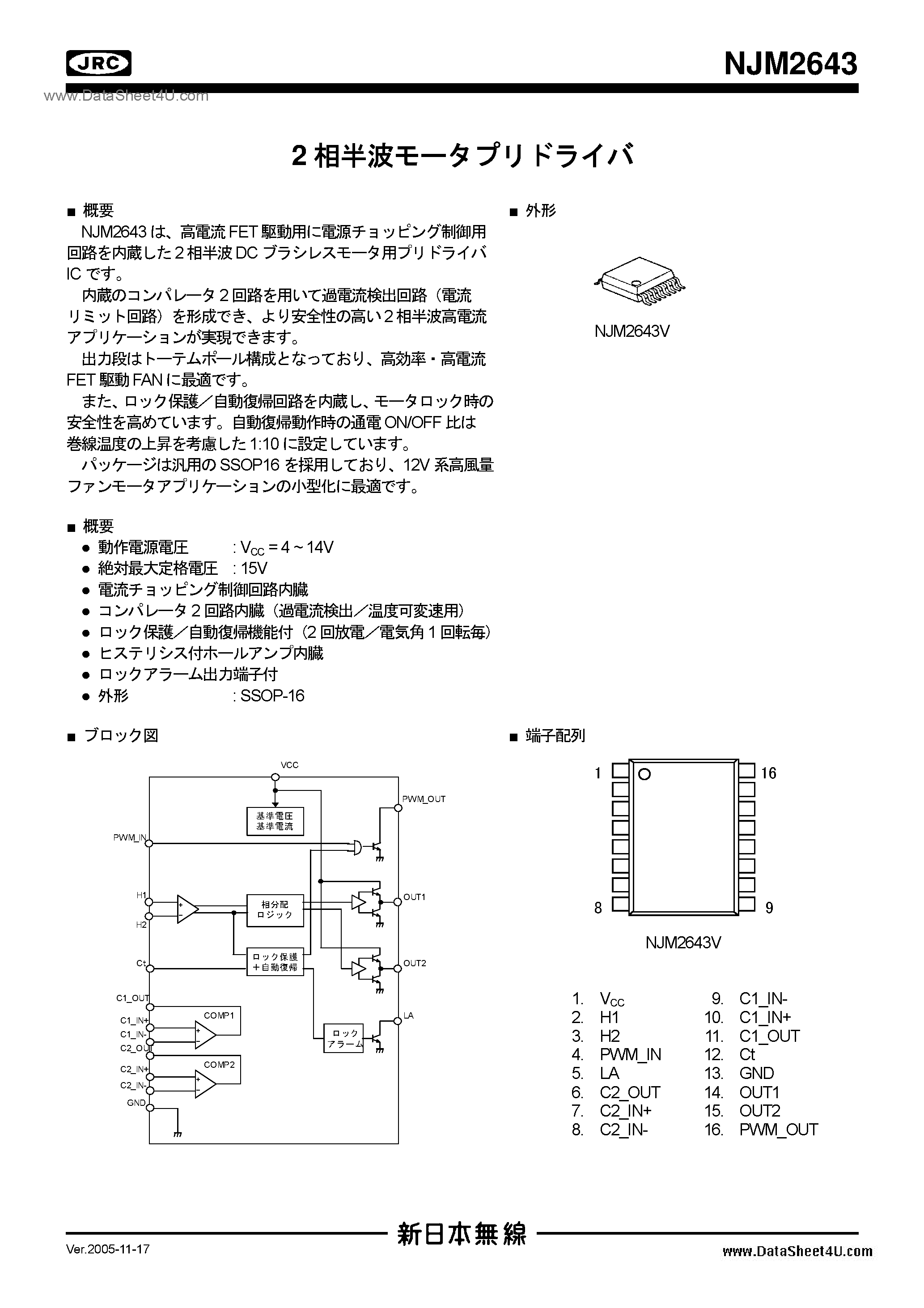Datasheet NJM2643 page 1 Datasheet NJM2643 - FAN Motor page 1