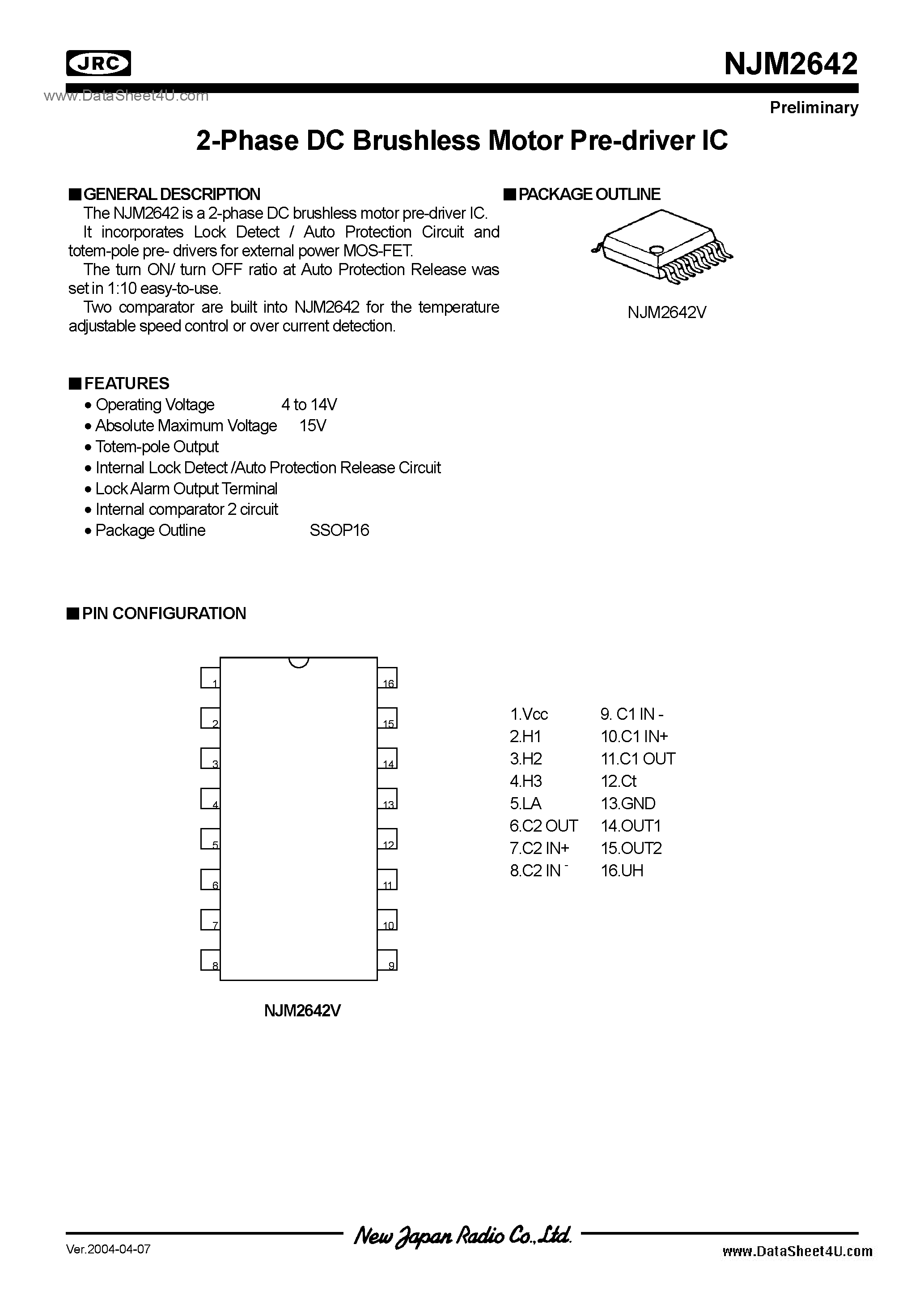 Datasheet NJM2642 page 1 Datasheet NJM2642 - FAN Motor / SSOP16 page 1