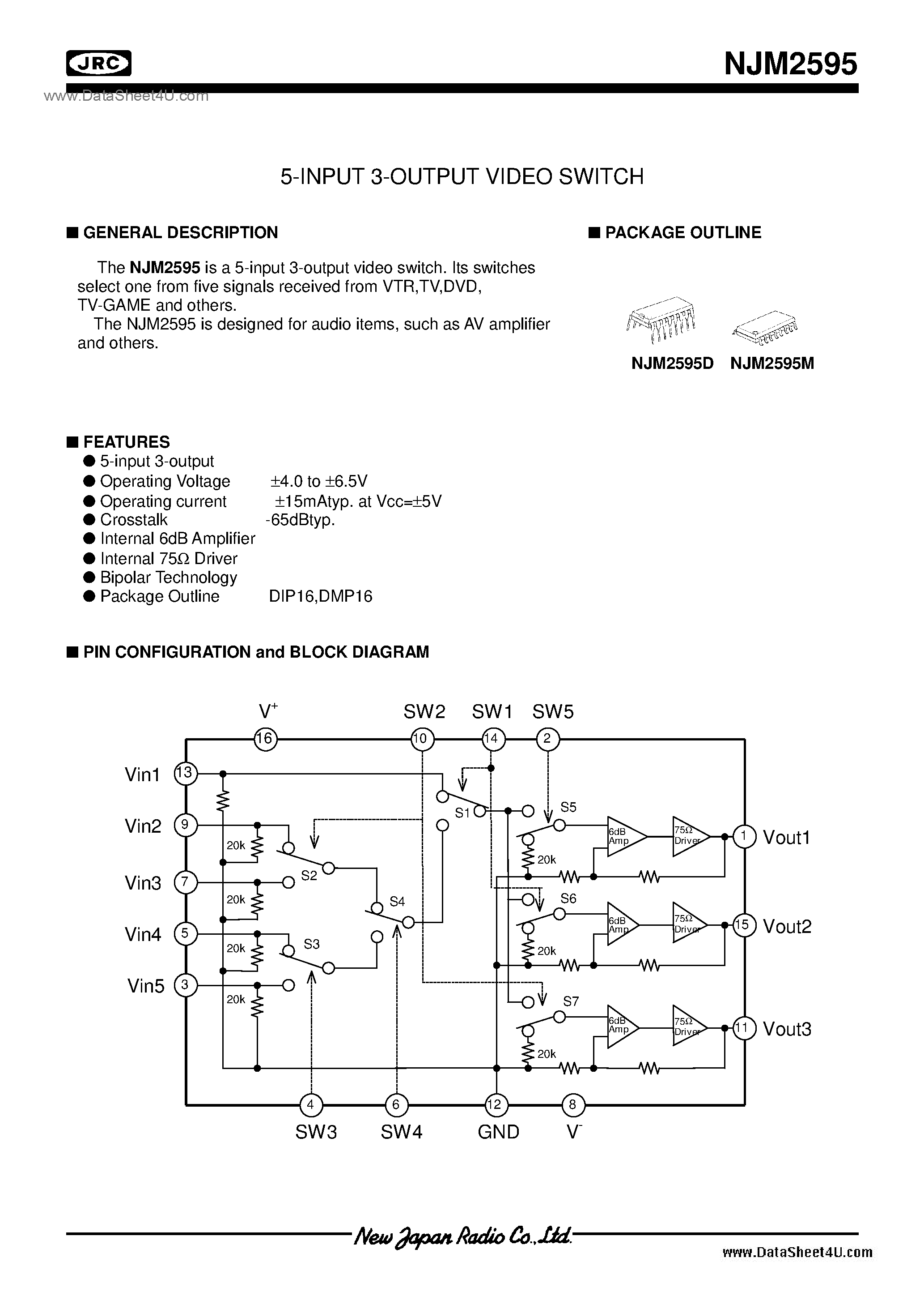 Datasheet NJM2595 page 1 Datasheet NJM2595 - Video Switch / DIP16 / DMP16 page 1