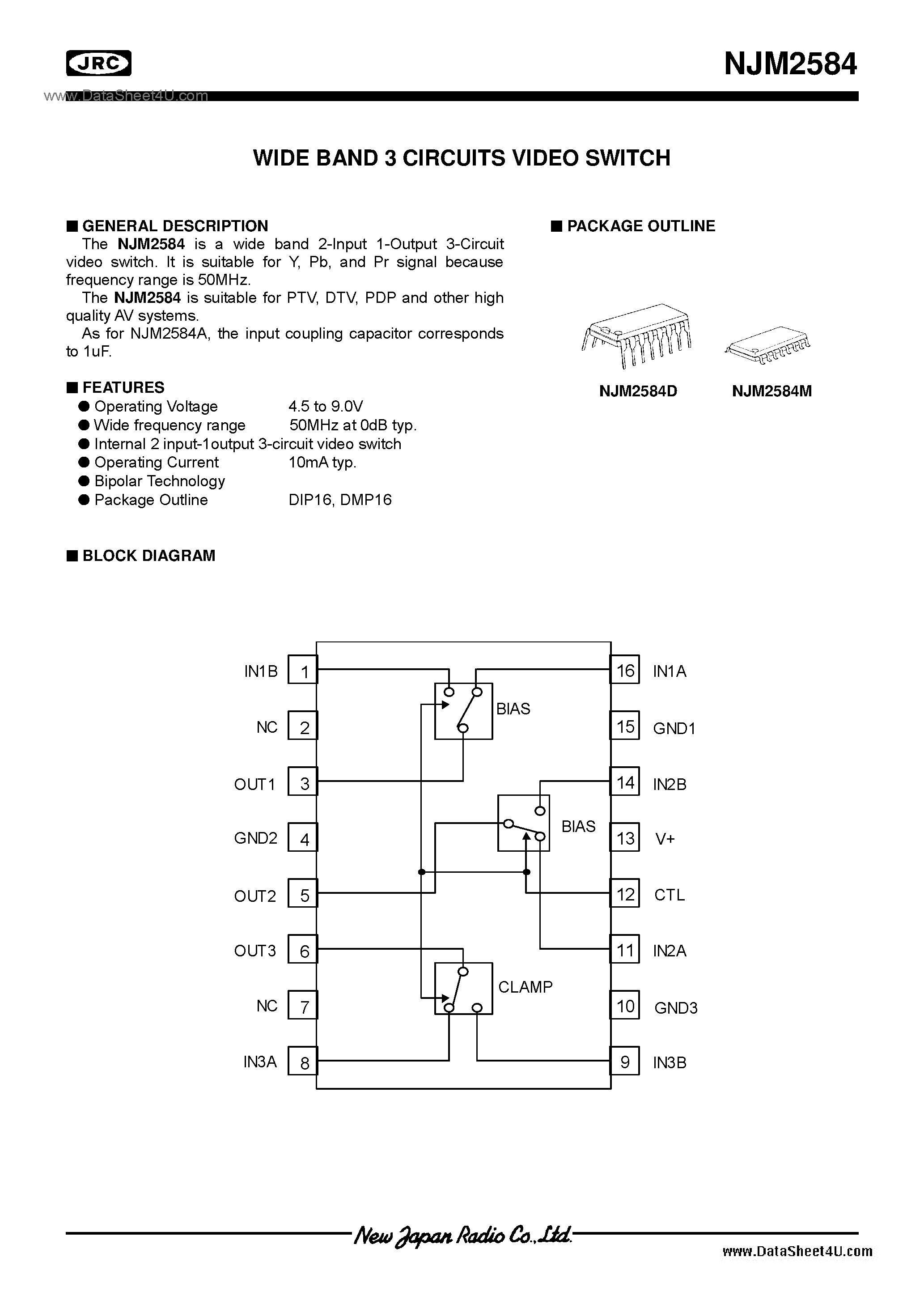 Datasheet NJM2584 page 1 Datasheet NJM2584 - Video Switch / DIP16 / DMP16 page 1