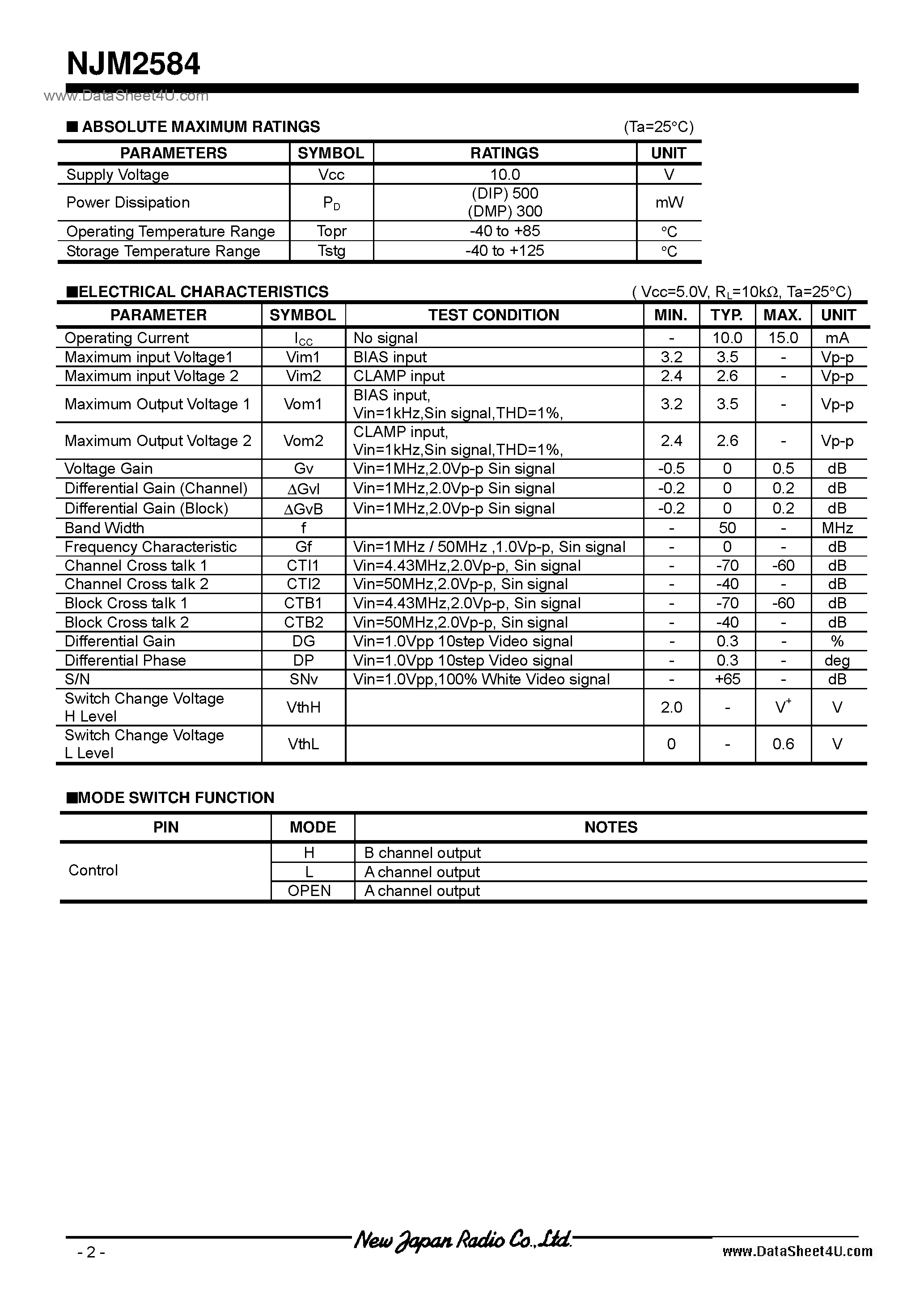 Datasheet NJM2584 page 2 Datasheet NJM2584 - Video Switch / DIP16 / DMP16 page 2