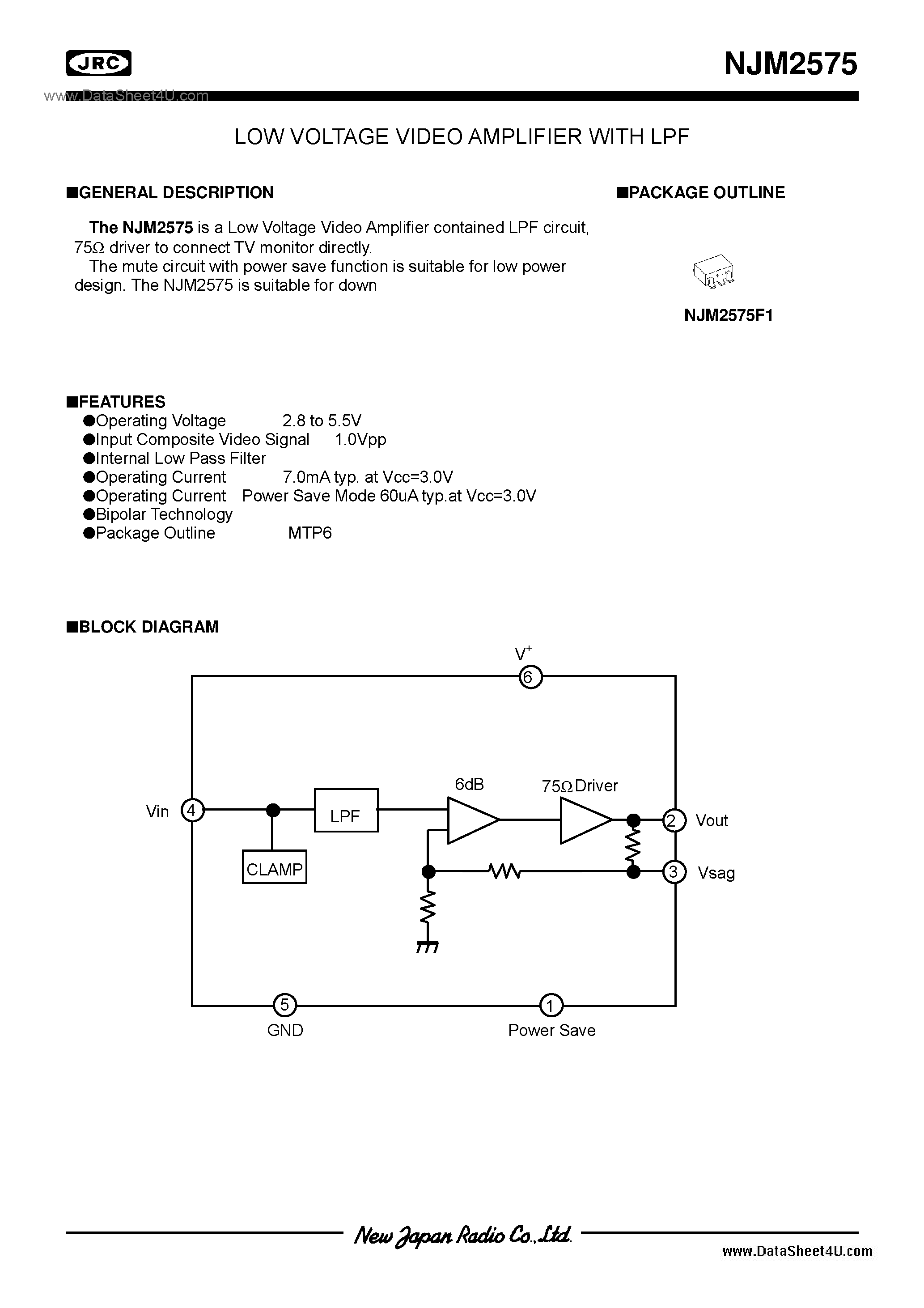 Datasheet NJM2575 - Video Amplifier / SOT-23-6(MTP6) page 1