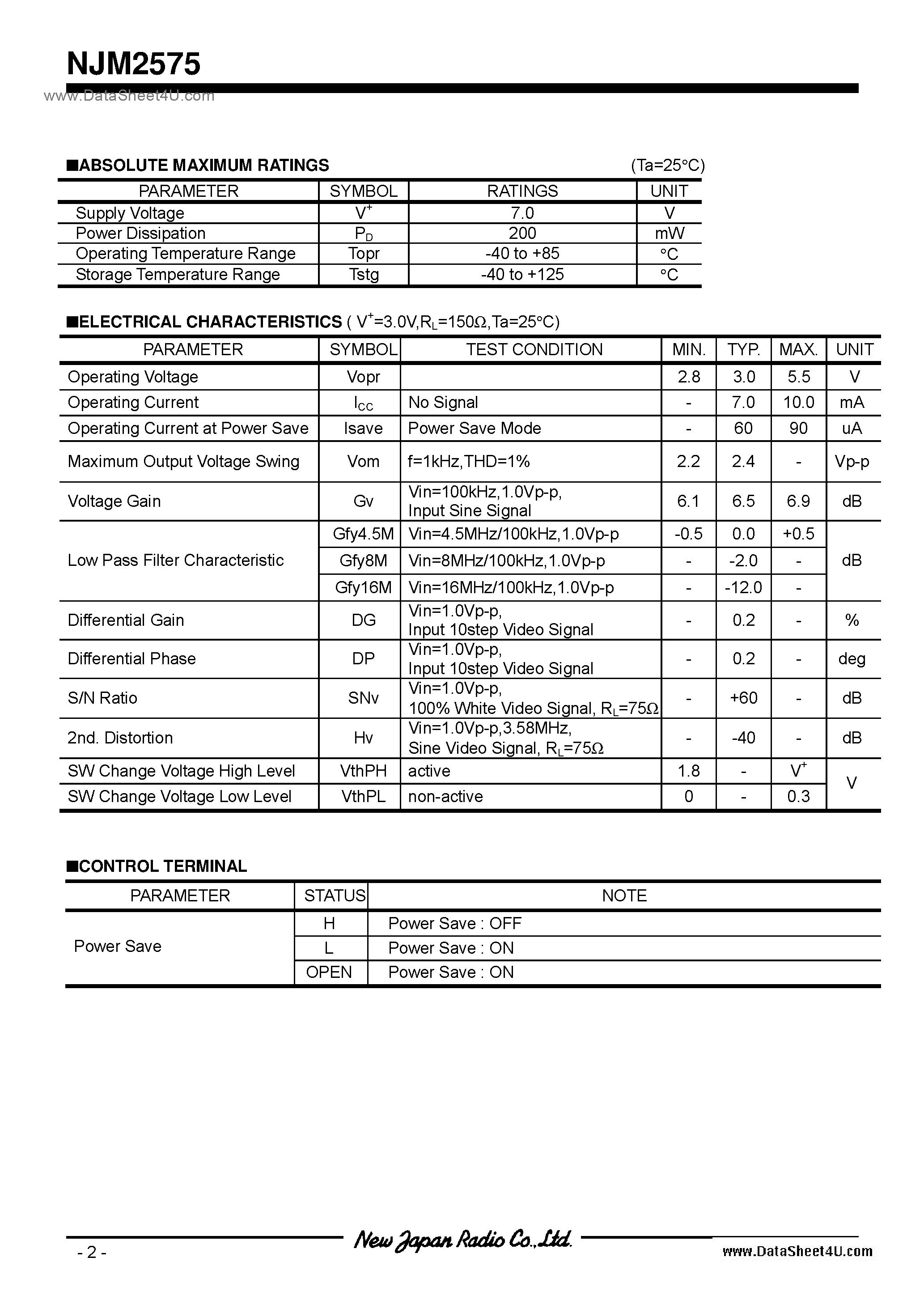 Datasheet NJM2575 - Video Amplifier / SOT-23-6(MTP6) page 2
