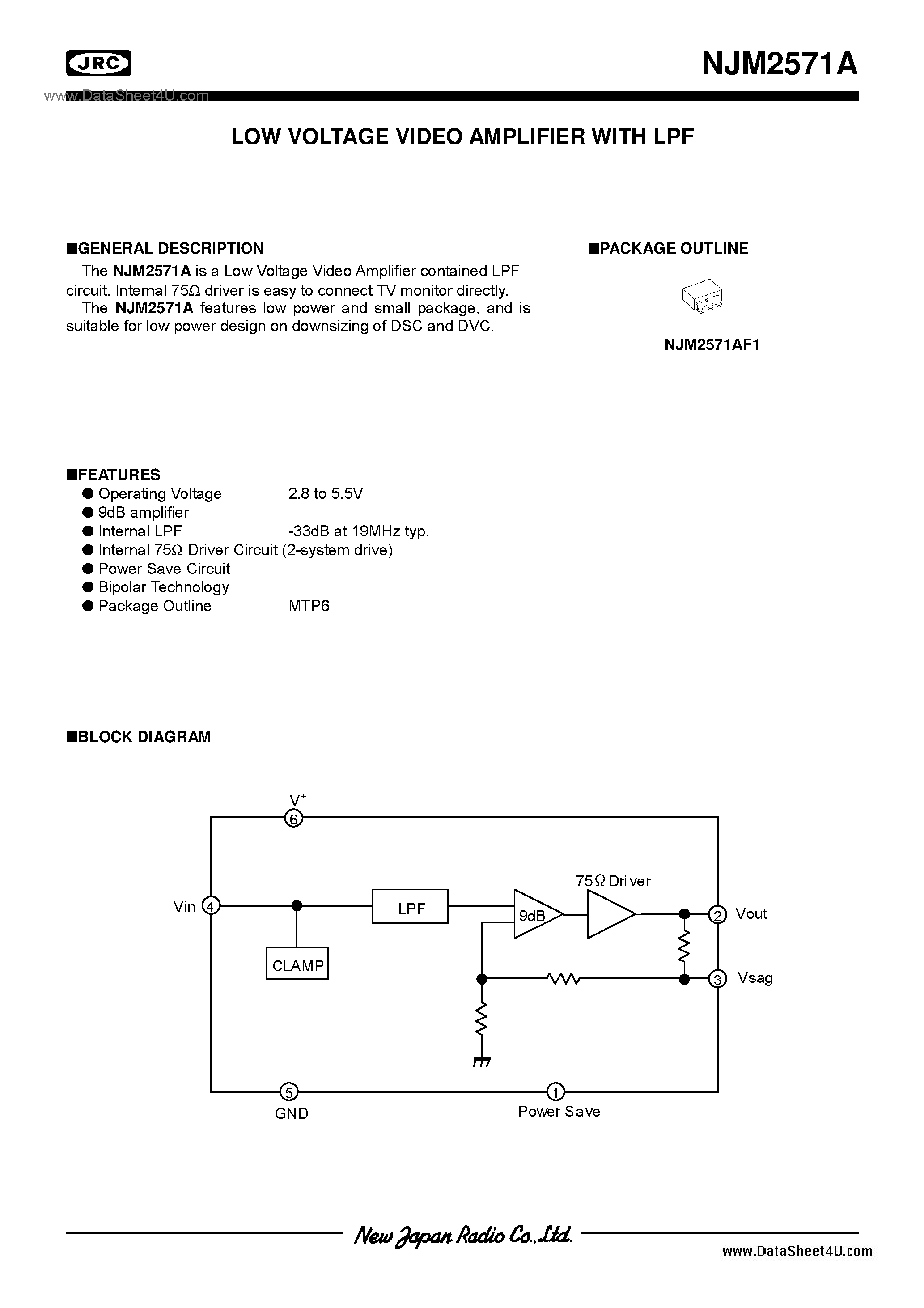 Datasheet NJM2571A - Video Amplifier / SOT-23-6(MTP6) page 1