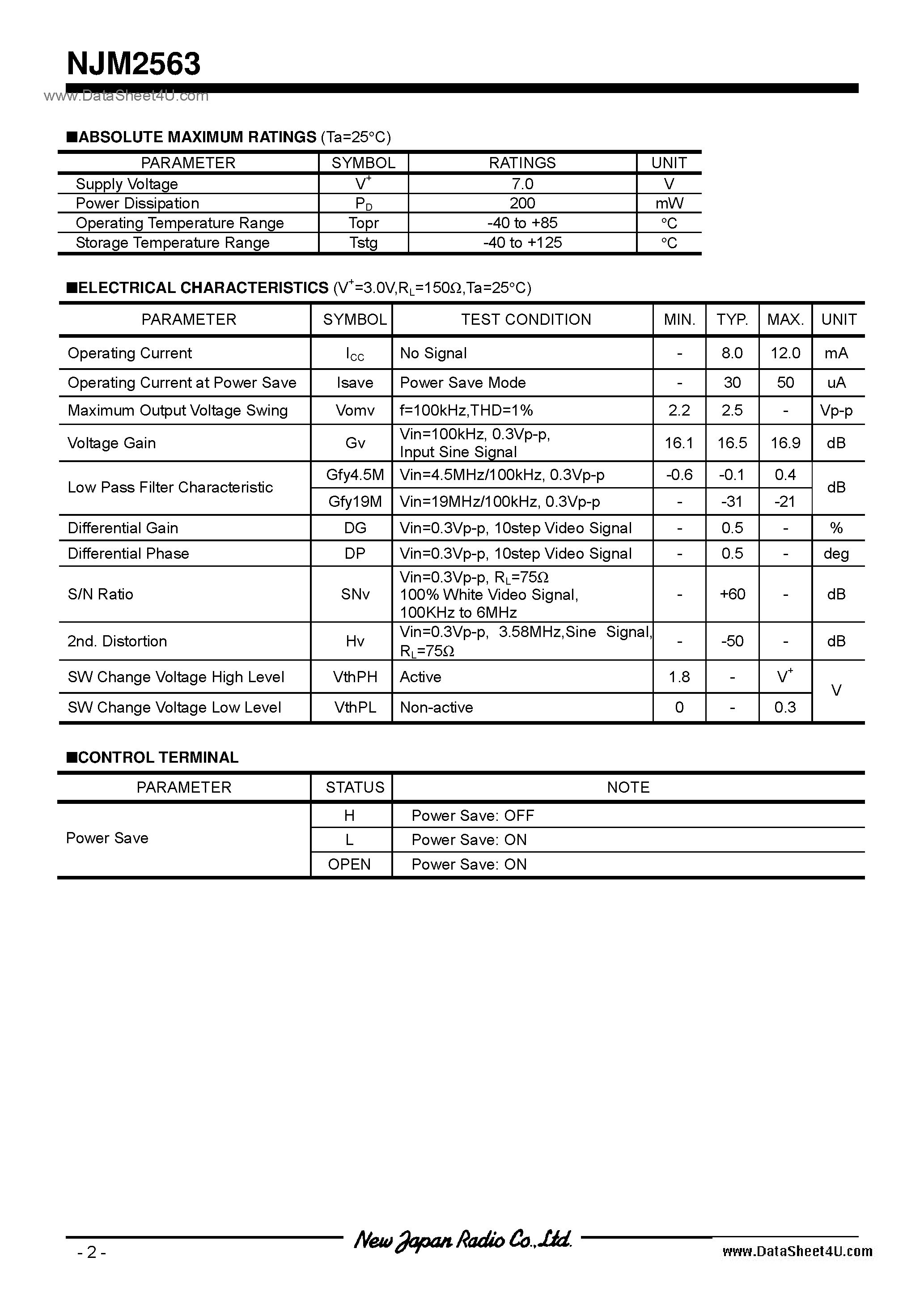 Datasheet NJM2563 - Video Amplifier / SOT-23-6(MTP6) page 2