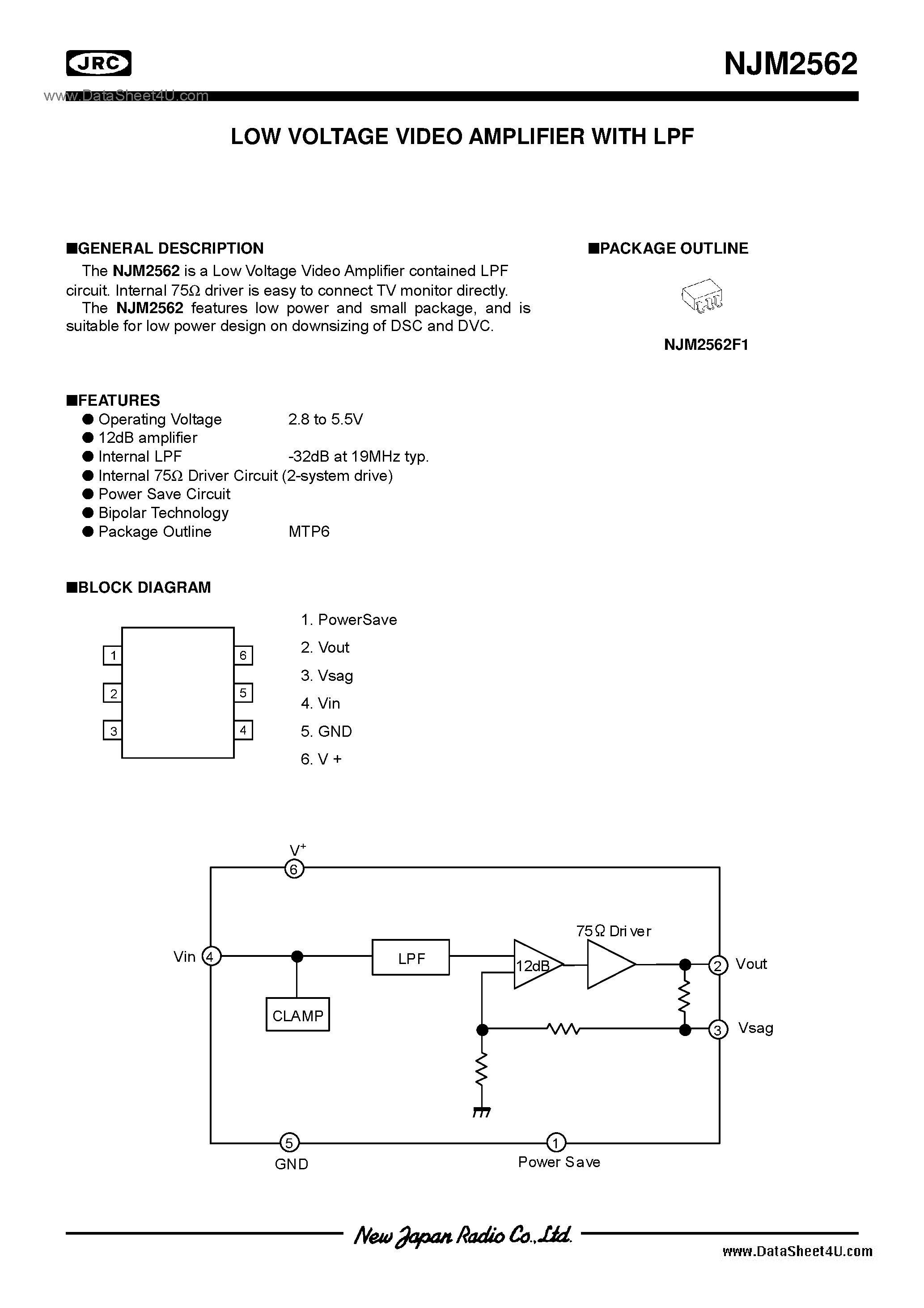 Даташит NJM2562 - Video Amplifier / SOT-23-6(MTP6) страница 1