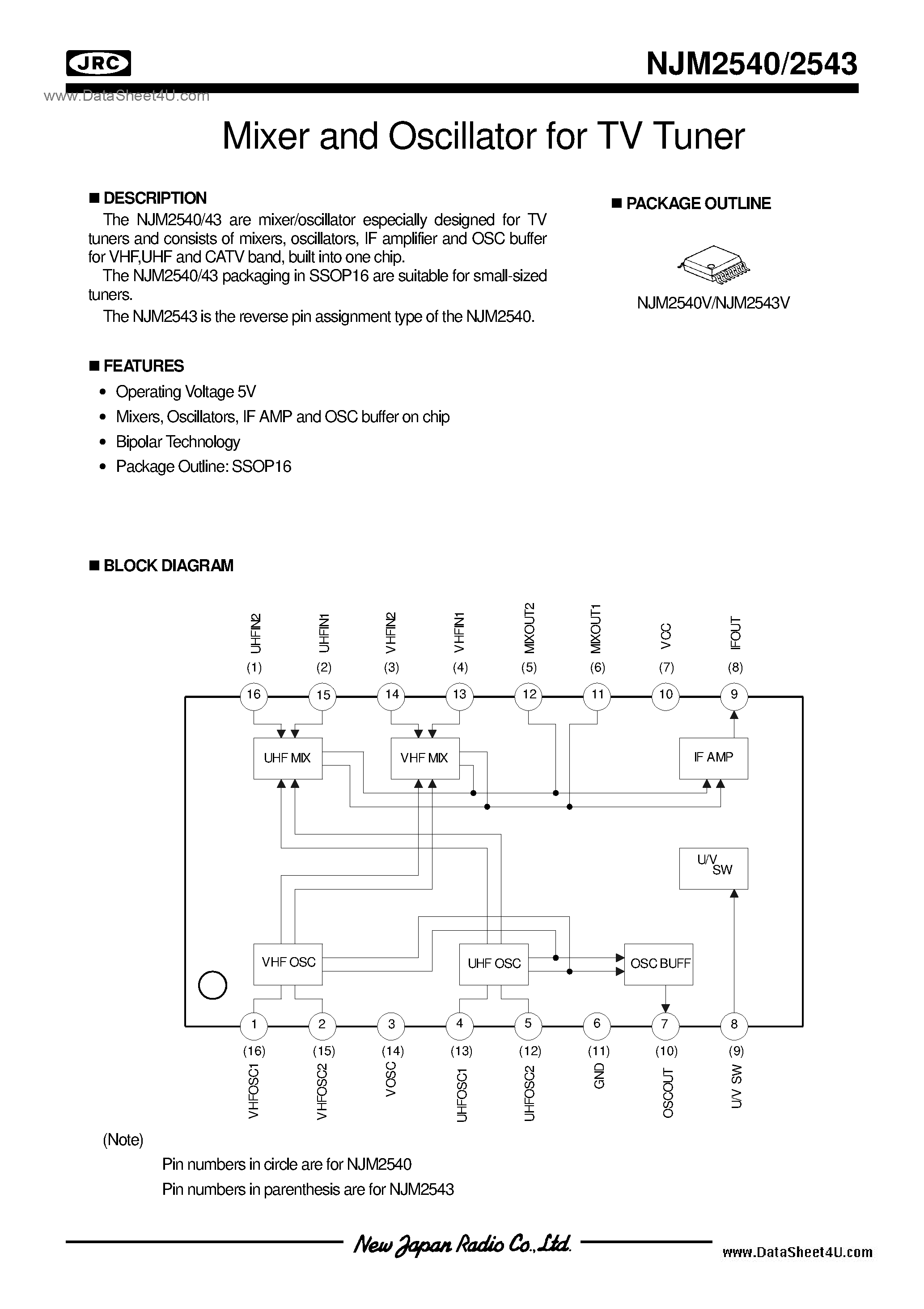 Datasheet NJM2540 - (NJM2540 / NJM2543) 5.0V / SSOP16 page 1