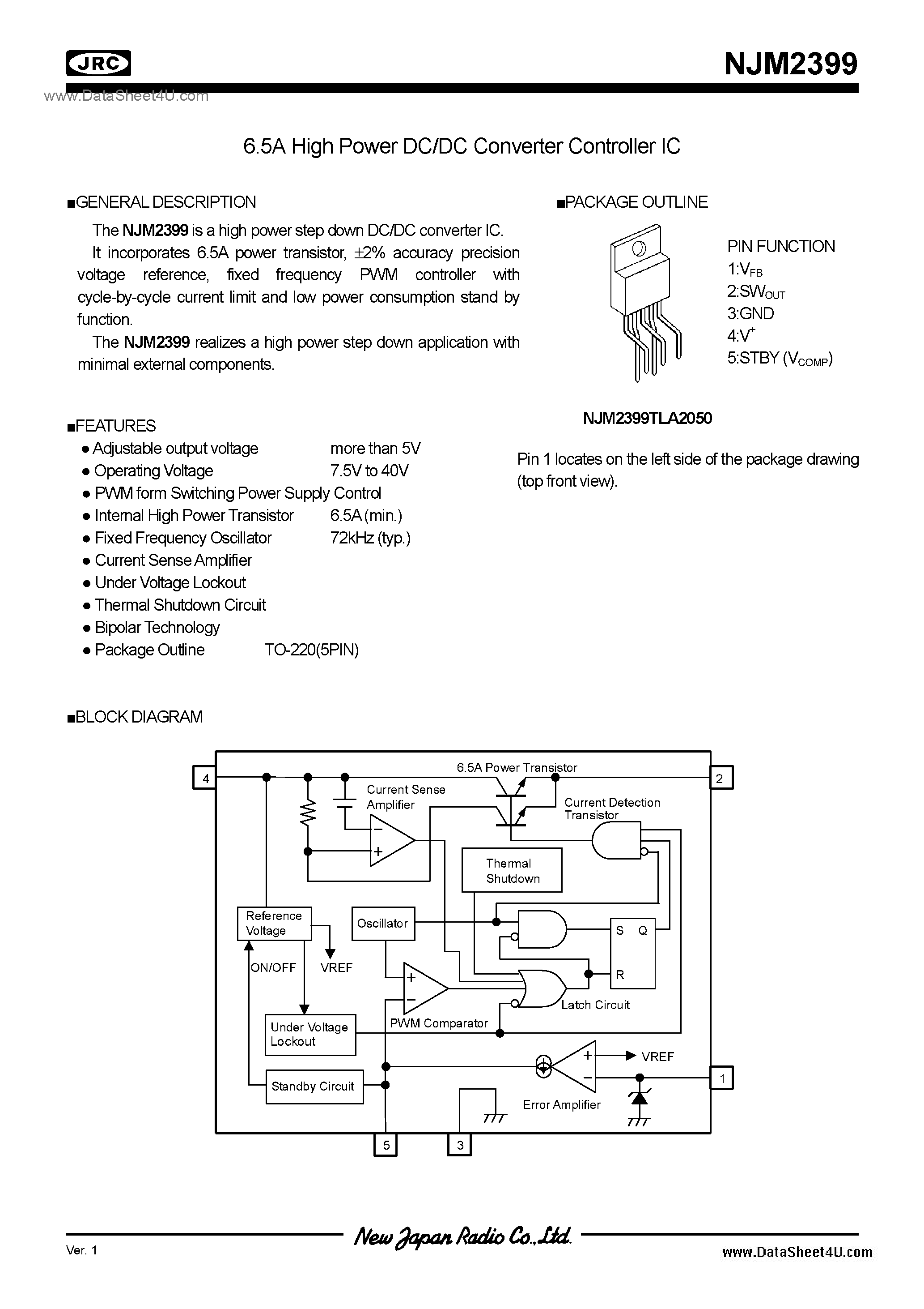 Datasheet NJM2399 page 1 Datasheet NJM2399 - Switching Regulator IC / TO220-5Pin(Forming Type) page 1
