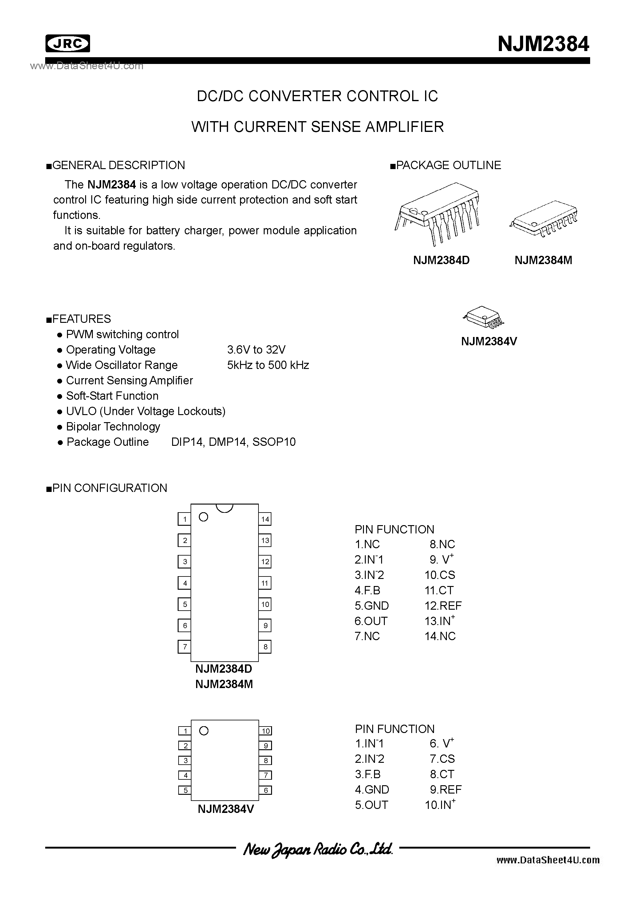 Datasheet NJM2384 page 1 Datasheet NJM2384 - Switching Regulator IC / DIP14 / DMP14 / SSOP10 page 1