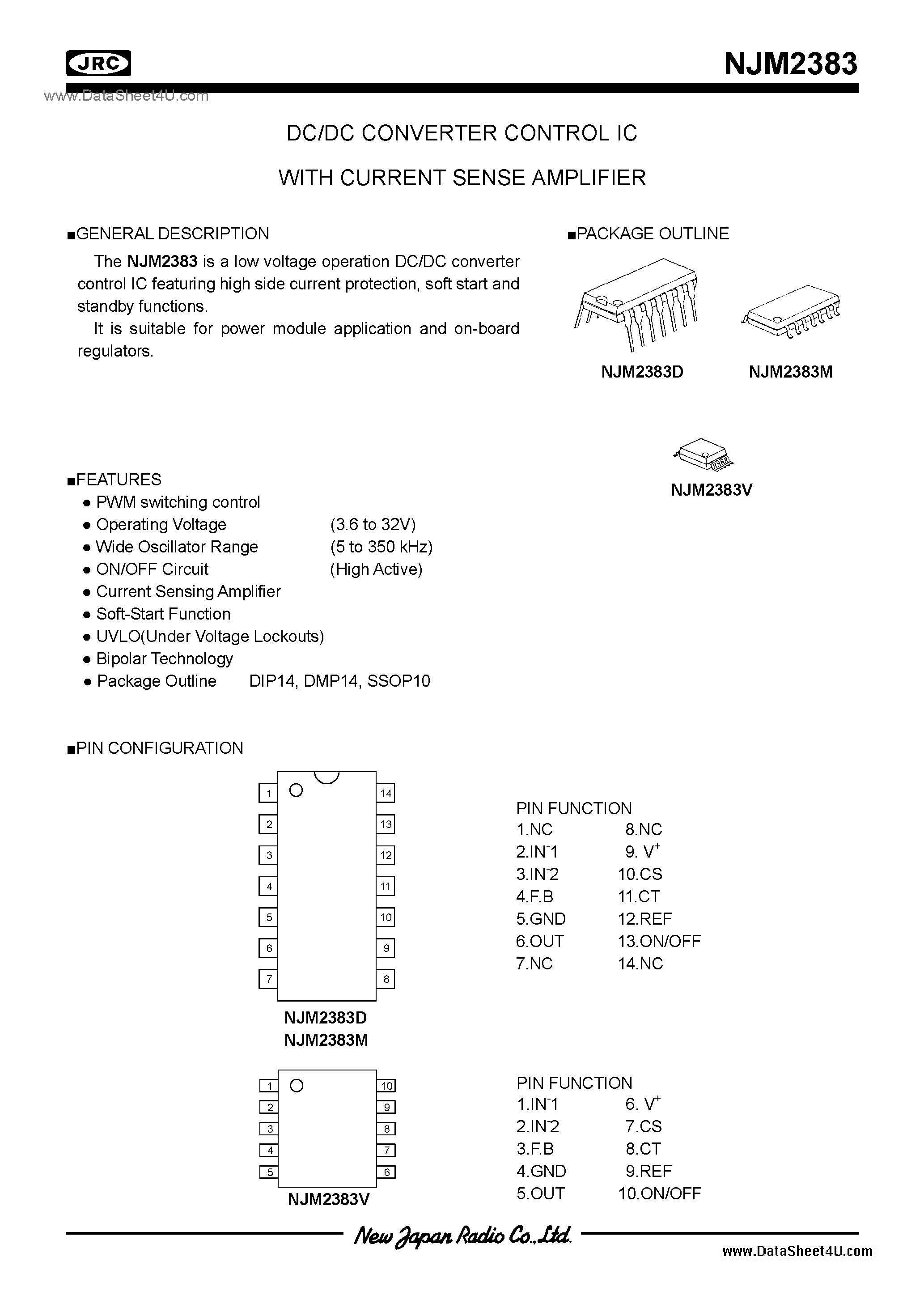 Datasheet NJM2383 page 1 Datasheet NJM2383 - Switching Regulator IC / DIP14 / DMP14 / SSOP10 page 1