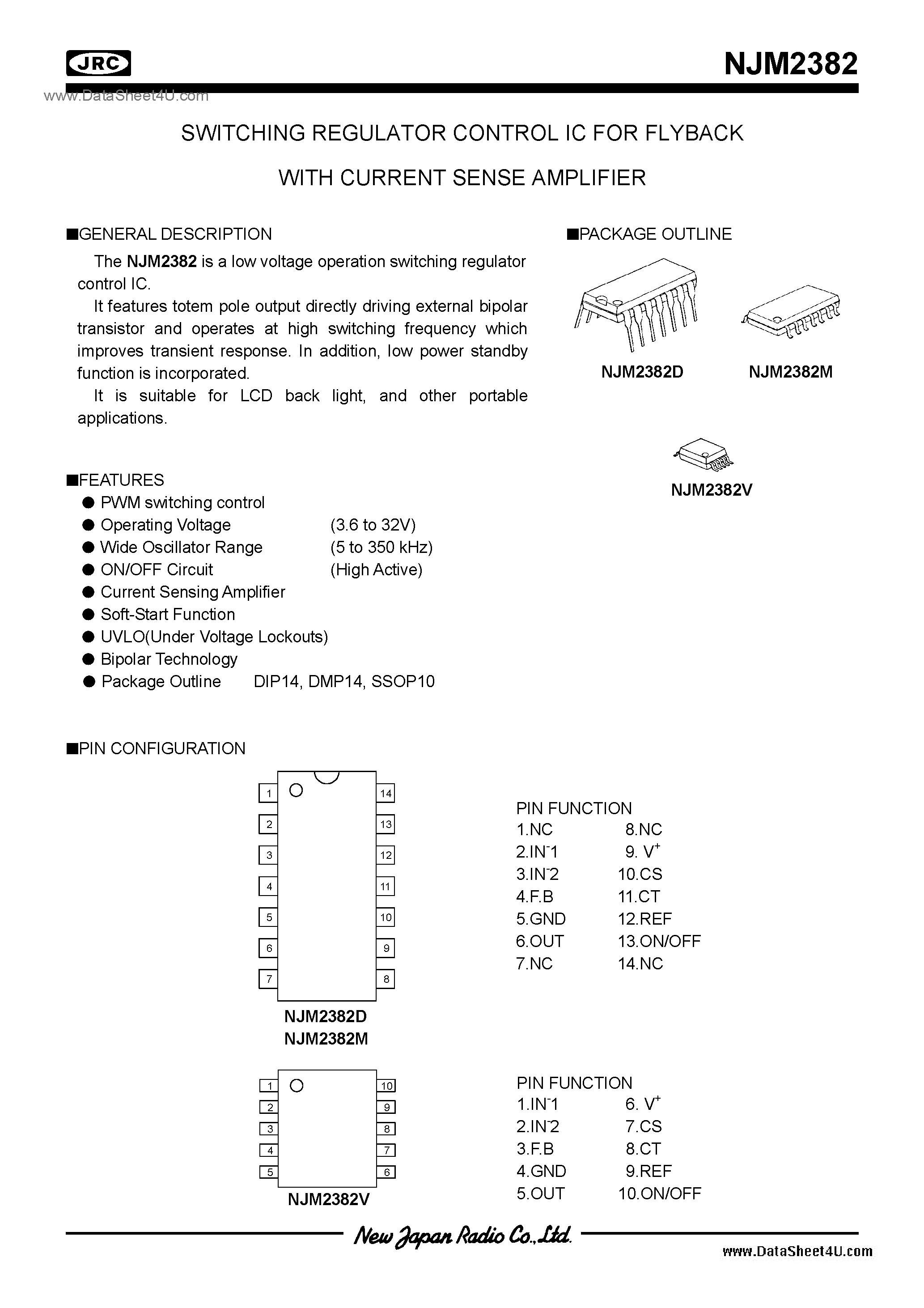 Datasheet NJM2382 page 1 Datasheet NJM2382 - Switching Regulator IC / DIP14 / DMP14 / SSOP10 page 1
