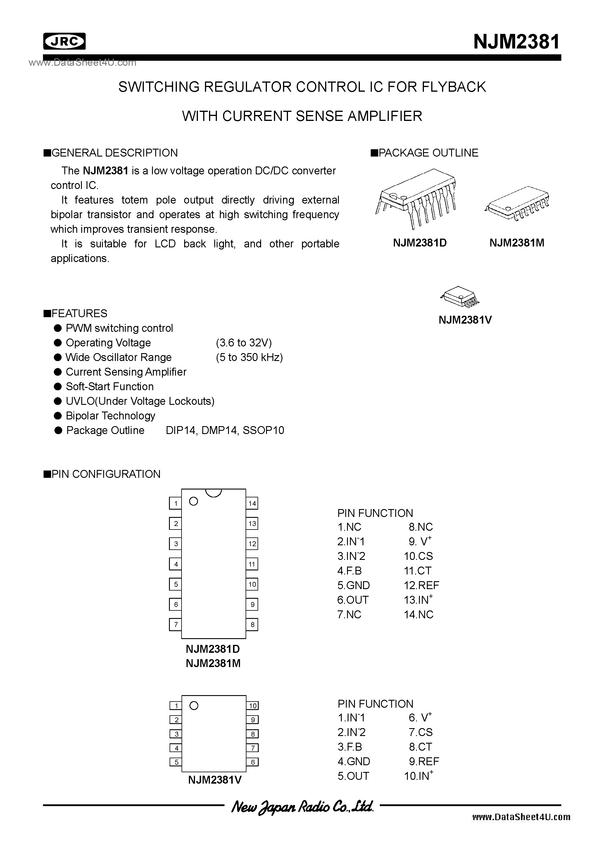 Datasheet NJM2381 page 1 Datasheet NJM2381 - Switching Regulator IC / DIP14 / DMP14 / SSOP10 page 1