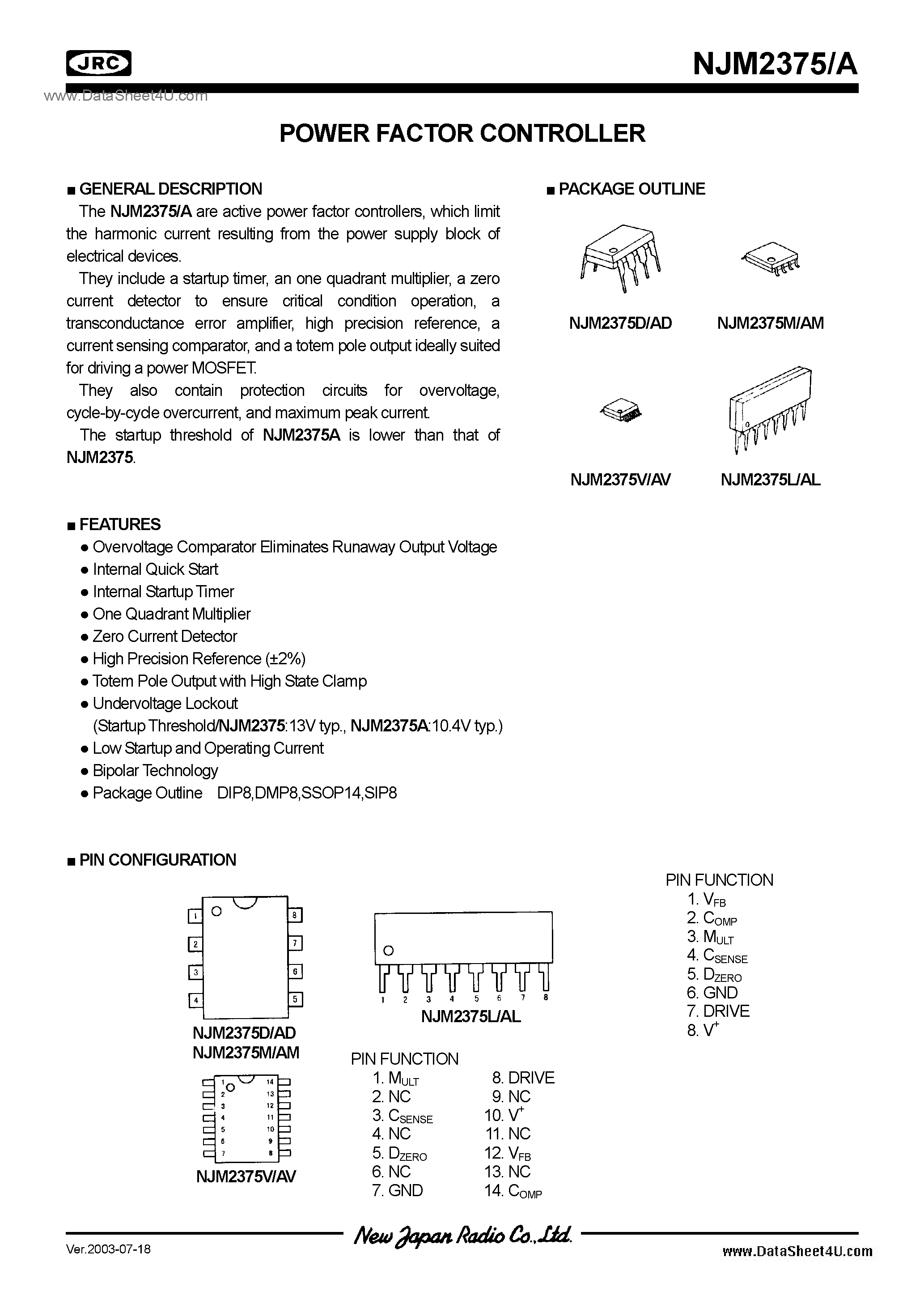 Datasheet NJM2375A page 1 Datasheet NJM2375A - Switching Regulator IC / DIP8 / DMP8 / SIP8 / SSOP14 page 1