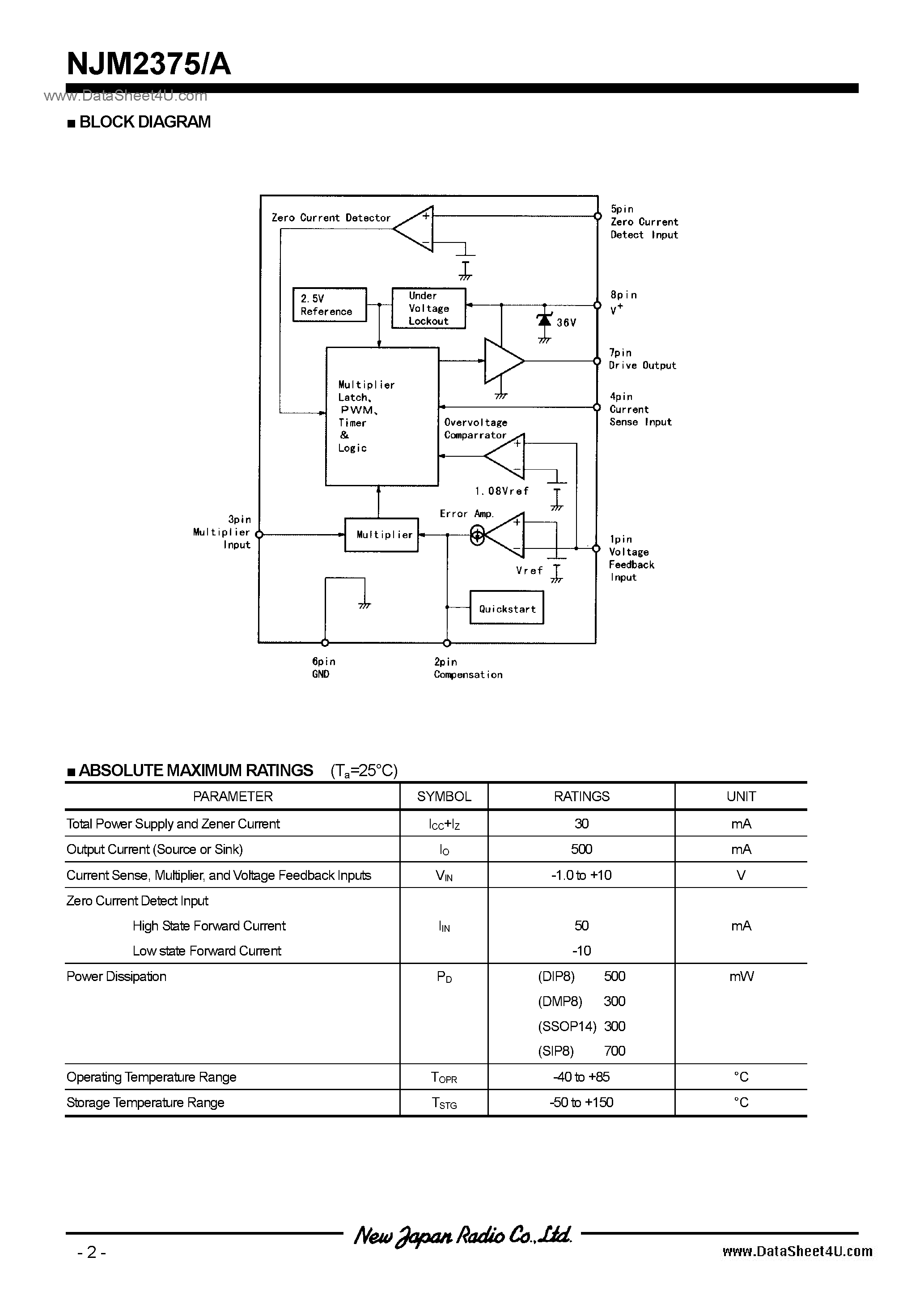 Datasheet NJM2375A page 2 Datasheet NJM2375A - Switching Regulator IC / DIP8 / DMP8 / SIP8 / SSOP14 page 2